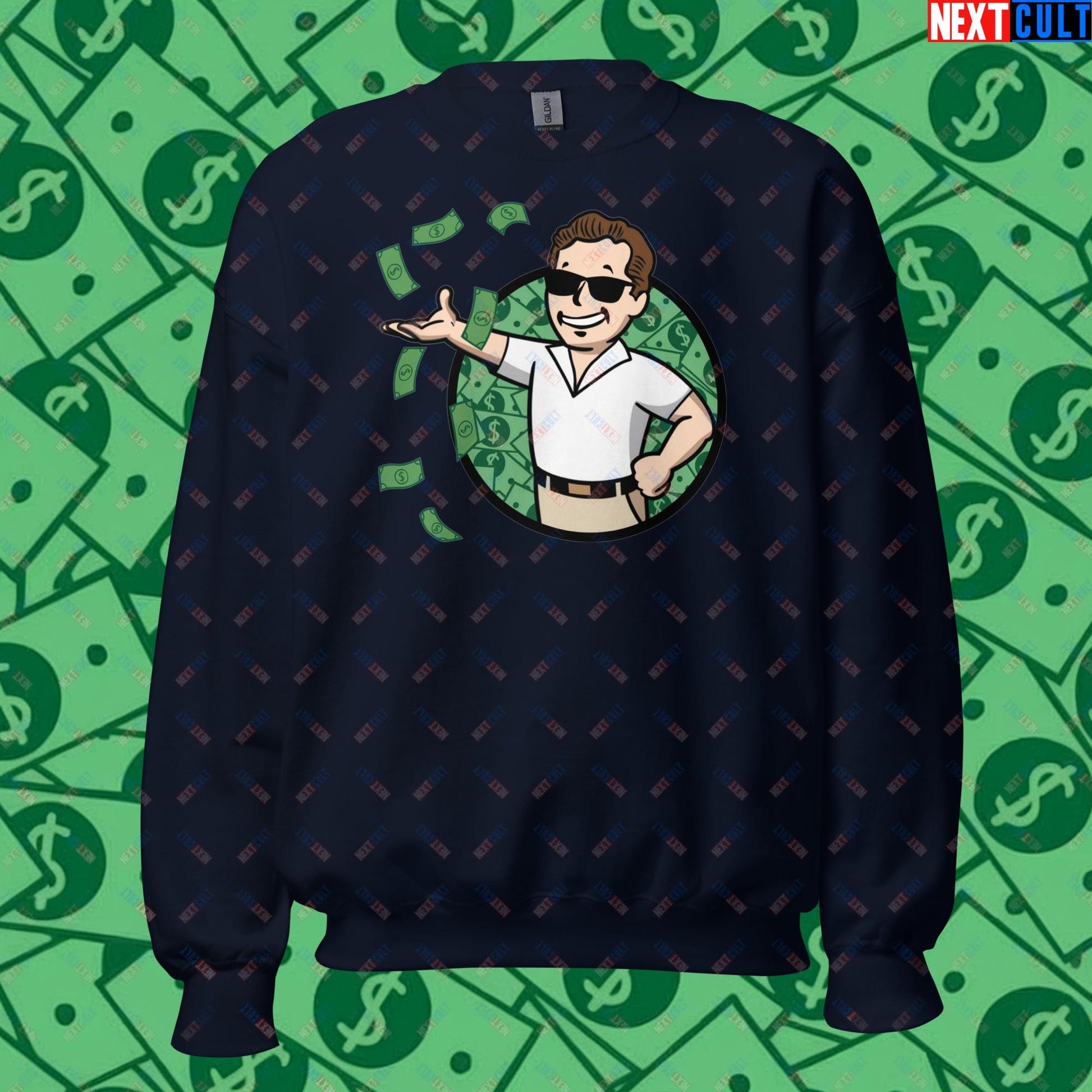 Finance Boy Wolf of Wall Street Leonardo DiCaprio Vault Boy Fallout Funny Meme Cartoon Mashup Unisex Sweatshirt Navy Sweatshirts Fallout Leonardo DiCaprio Movies The Wolf of Wall Street Vault Boy Next Cult Brand