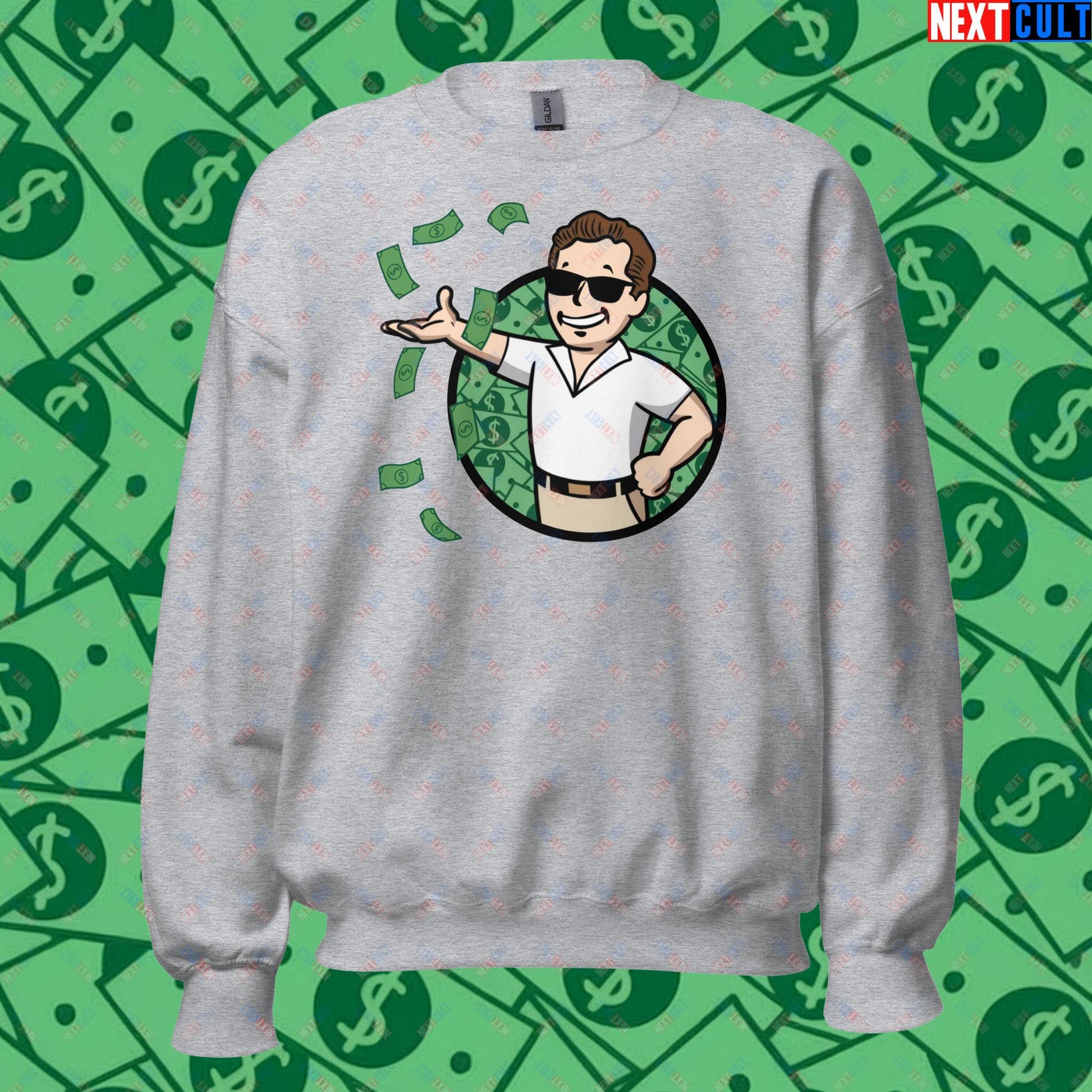 Finance Boy Wolf of Wall Street Leonardo DiCaprio Vault Boy Fallout Funny Meme Cartoon Mashup Unisex Sweatshirt Sport Grey Sweatshirts Fallout Leonardo DiCaprio Movies The Wolf of Wall Street Vault Boy Next Cult Brand