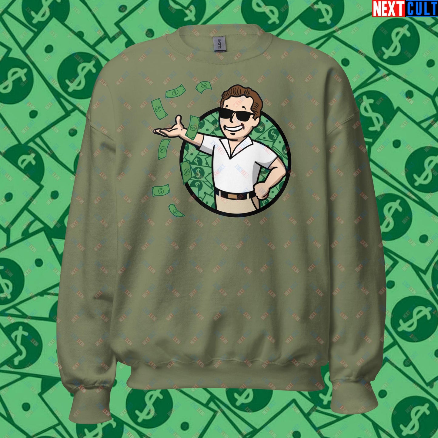 Finance Boy Wolf of Wall Street Leonardo DiCaprio Vault Boy Fallout Funny Meme Cartoon Mashup Unisex Sweatshirt Military Green Sweatshirts Fallout Leonardo DiCaprio Movies The Wolf of Wall Street Vault Boy Next Cult Brand