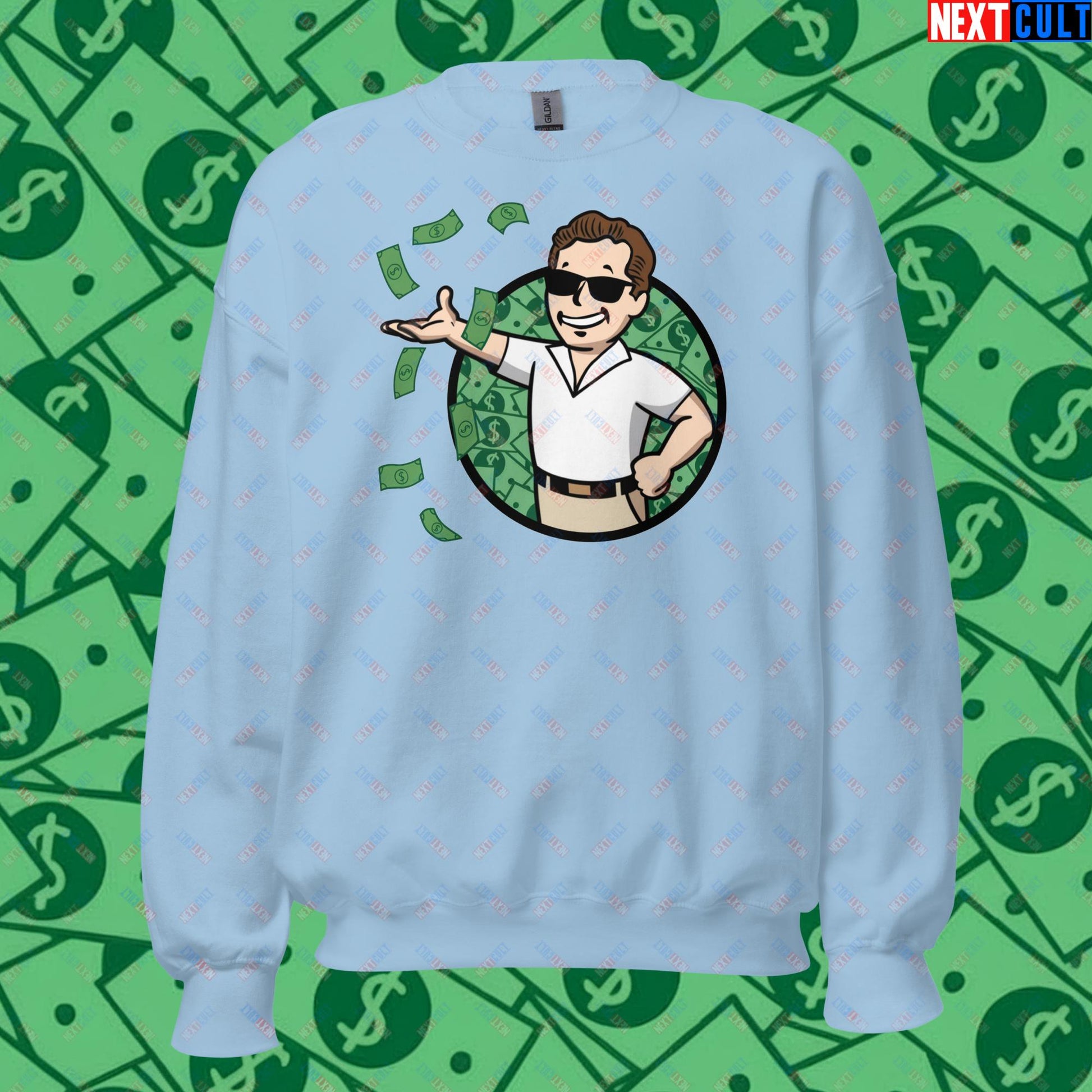 Finance Boy Wolf of Wall Street Leonardo DiCaprio Vault Boy Fallout Funny Meme Cartoon Mashup Unisex Sweatshirt Light Blue Sweatshirts Fallout Leonardo DiCaprio Movies The Wolf of Wall Street Vault Boy Next Cult Brand