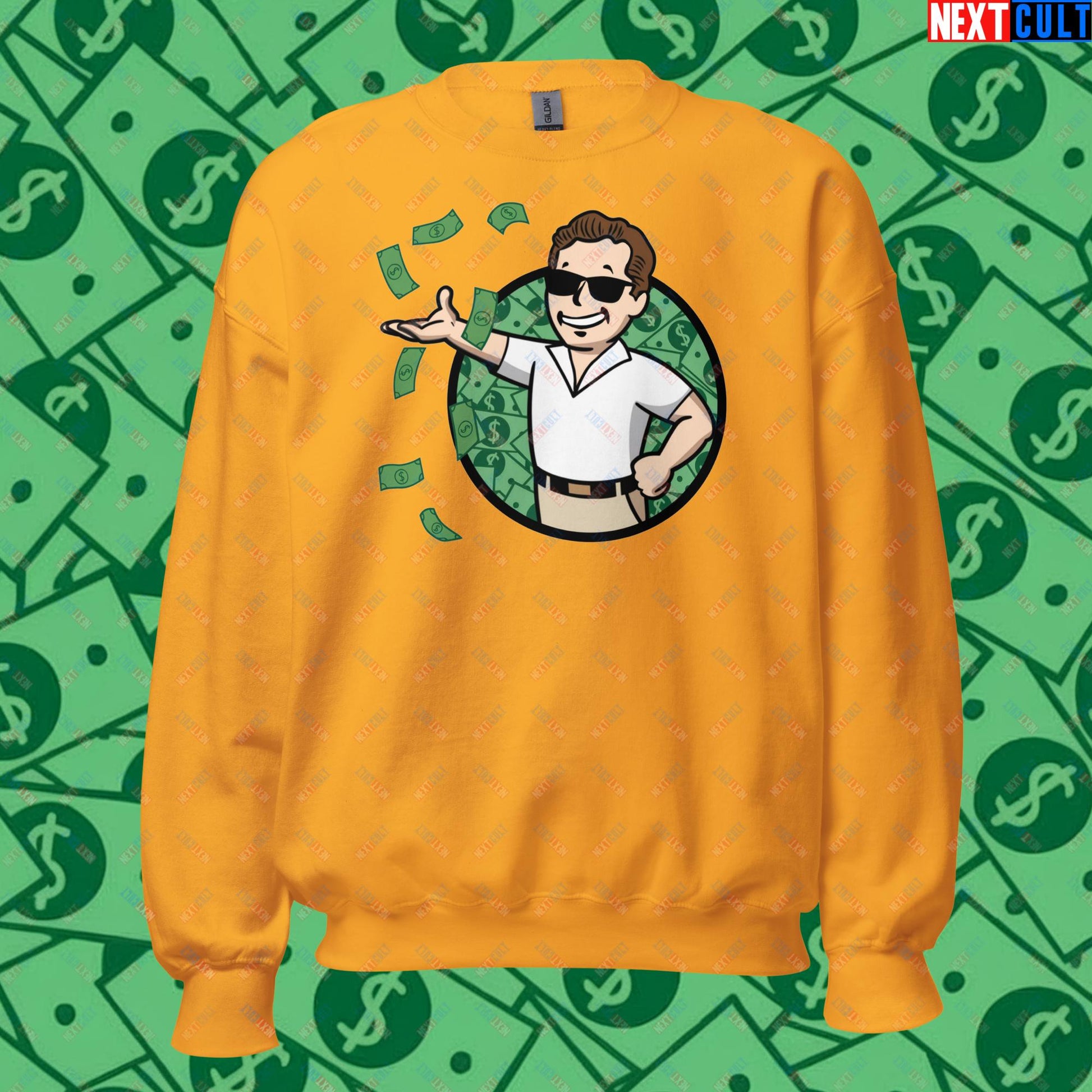 Finance Boy Wolf of Wall Street Leonardo DiCaprio Vault Boy Fallout Funny Meme Cartoon Mashup Unisex Sweatshirt Gold Sweatshirts Fallout Leonardo DiCaprio Movies The Wolf of Wall Street Vault Boy Next Cult Brand