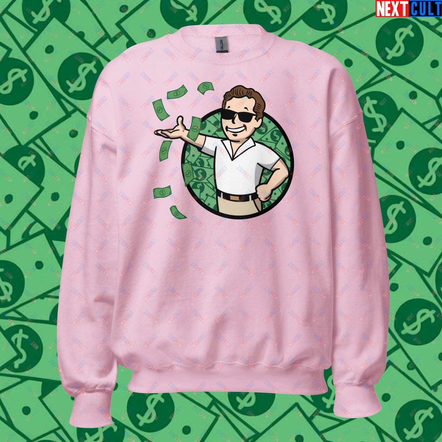 Finance Boy Wolf of Wall Street Leonardo DiCaprio Vault Boy Fallout Funny Meme Cartoon Mashup Unisex Sweatshirt Light Pink Sweatshirts Fallout Leonardo DiCaprio Movies The Wolf of Wall Street Vault Boy Next Cult Brand