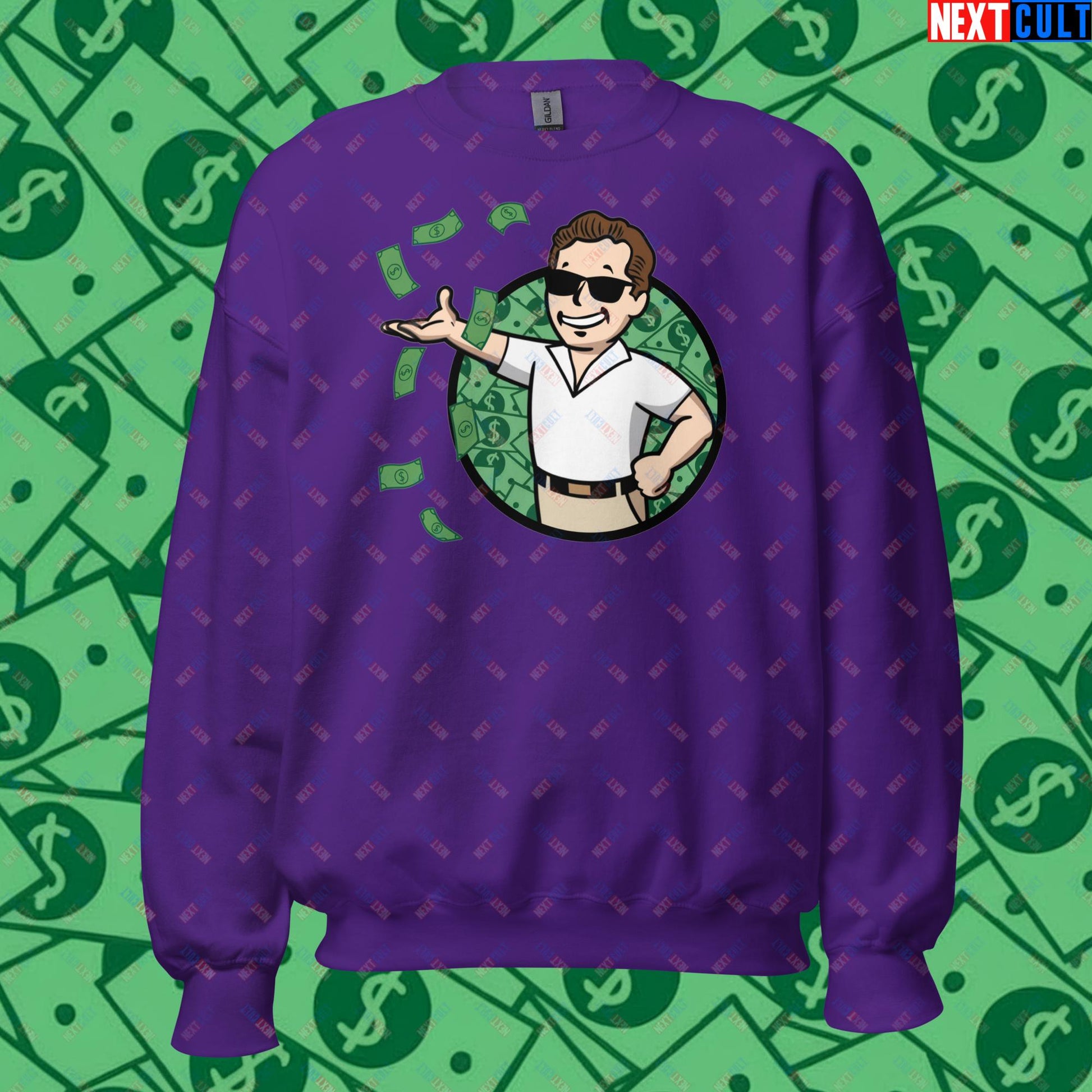 Finance Boy Wolf of Wall Street Leonardo DiCaprio Vault Boy Fallout Funny Meme Cartoon Mashup Unisex Sweatshirt Purple Sweatshirts Fallout Leonardo DiCaprio Movies The Wolf of Wall Street Vault Boy Next Cult Brand