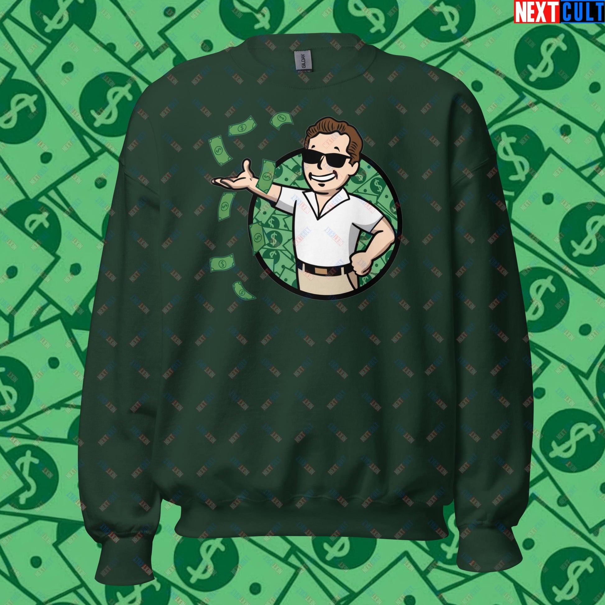 Finance Boy Wolf of Wall Street Leonardo DiCaprio Vault Boy Fallout Funny Meme Cartoon Mashup Unisex Sweatshirt Forest Green Sweatshirts Fallout Leonardo DiCaprio Movies The Wolf of Wall Street Vault Boy Next Cult Brand