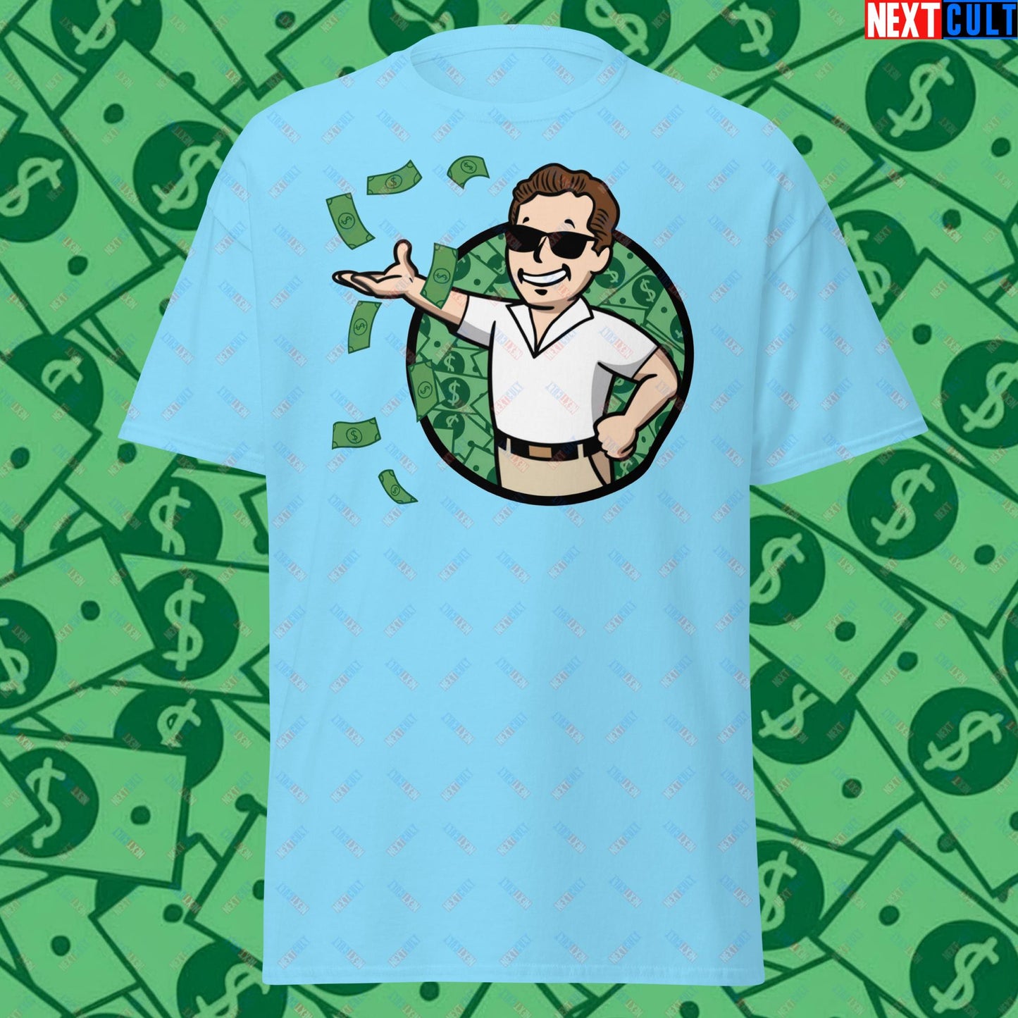 Finance Boy Wolf of Wall Street Leonardo DiCaprio Vault Boy Fallout Funny Meme Cartoon Mashup Unisex tee Sky T-shirts Fallout Leonardo DiCaprio Movies The Wolf of Wall Street Vault Boy Next Cult Brand