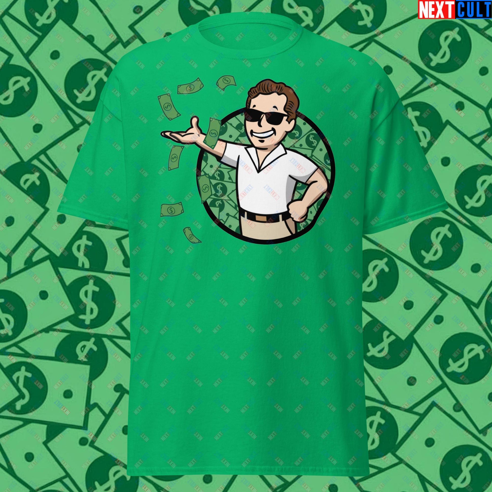 Finance Boy Wolf of Wall Street Leonardo DiCaprio Vault Boy Fallout Funny Meme Cartoon Mashup Unisex tee Irish Green T-shirts Fallout Leonardo DiCaprio Movies The Wolf of Wall Street Vault Boy Next Cult Brand