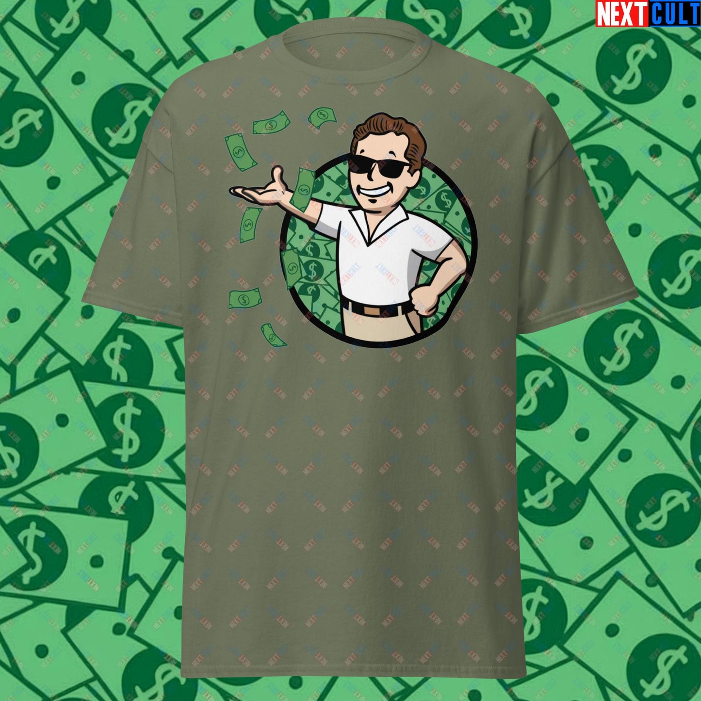 Finance Boy Wolf of Wall Street Leonardo DiCaprio Vault Boy Fallout Funny Meme Cartoon Mashup Unisex tee Military Green T-shirts Fallout Leonardo DiCaprio Movies The Wolf of Wall Street Vault Boy Next Cult Brand