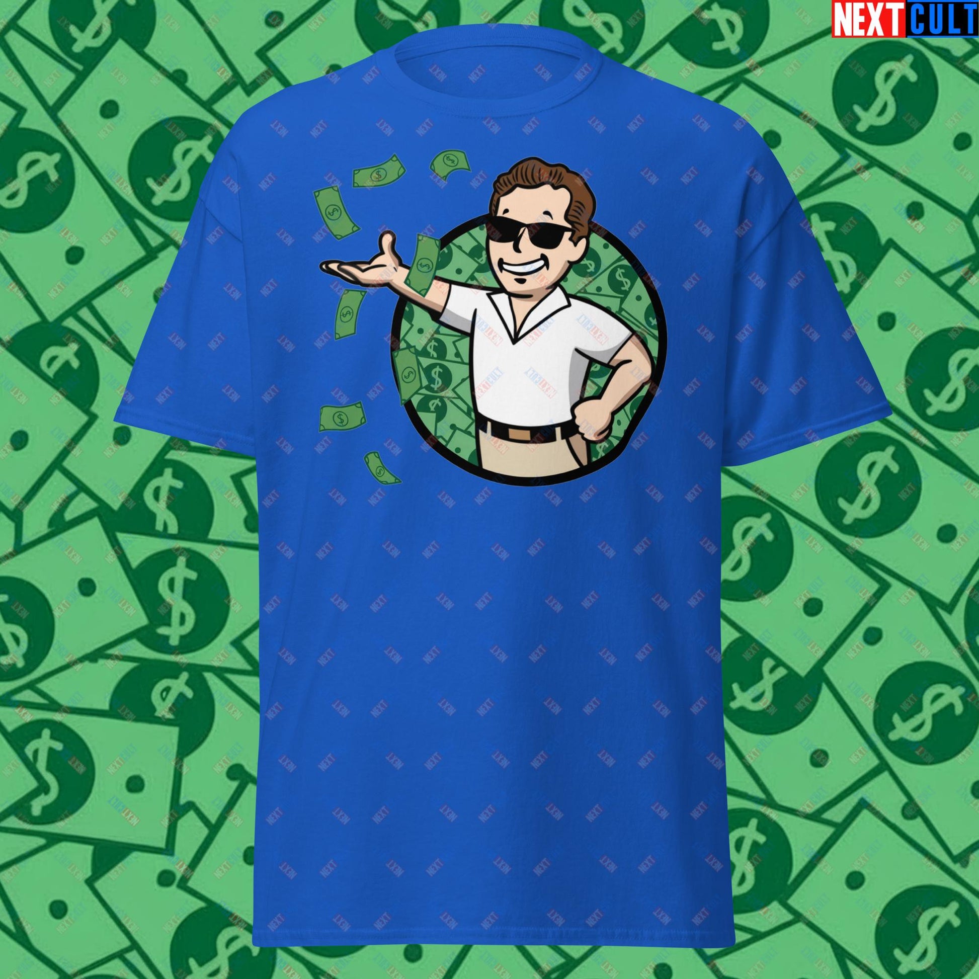 Finance Boy Wolf of Wall Street Leonardo DiCaprio Vault Boy Fallout Funny Meme Cartoon Mashup Unisex tee Royal T-shirts Fallout Leonardo DiCaprio Movies The Wolf of Wall Street Vault Boy Next Cult Brand