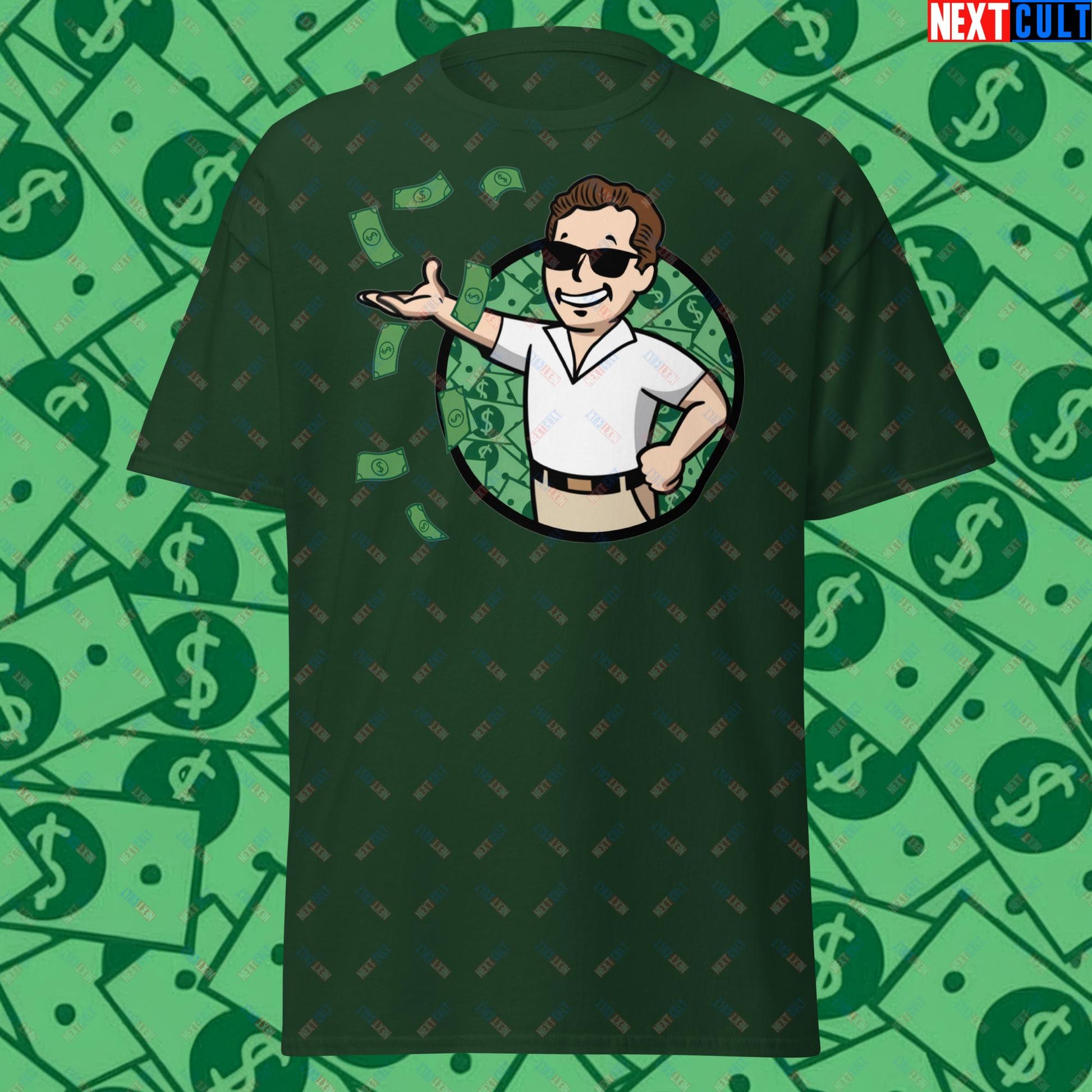 Finance Boy Wolf of Wall Street Leonardo DiCaprio Vault Boy Fallout Funny Meme Cartoon Mashup Unisex tee Forest Green T-shirts Fallout Leonardo DiCaprio Movies The Wolf of Wall Street Vault Boy Next Cult Brand