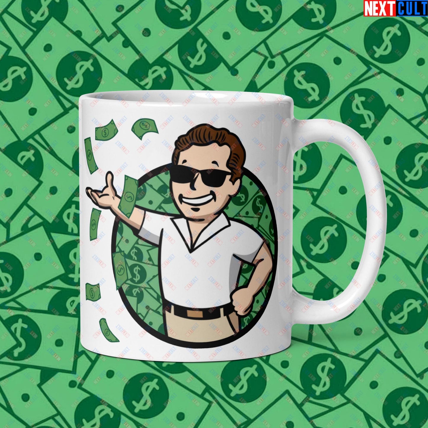 Finance Boy Wolf of Wall Street Leonardo DiCaprio Vault Boy Fallout Funny Meme Cartoon Mashup White glossy mug Next Cult Brand