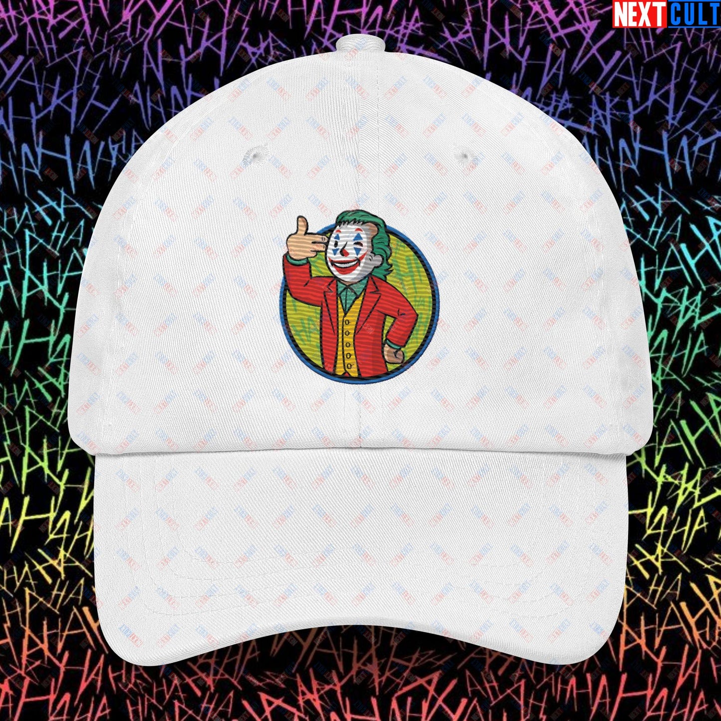 Funny Boy Joker Vault Boy Fallout Funny Cartoon Mashup Dad hat White Hats Joaquin Phoenix Joker Movies Next Cult Brand