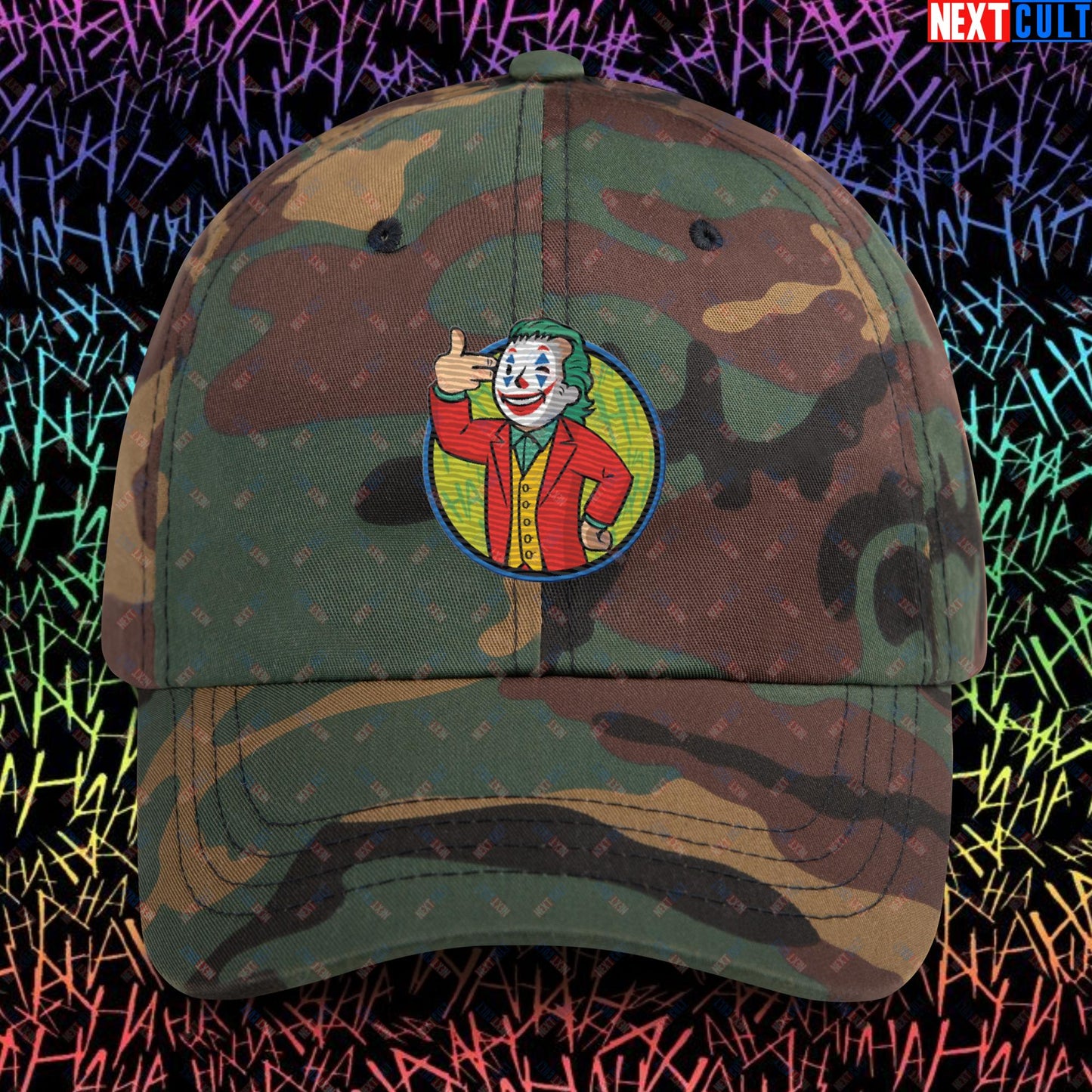 Funny Boy Joker Vault Boy Fallout Funny Cartoon Mashup Dad hat Green Camo Hats Joaquin Phoenix Joker Movies Next Cult Brand