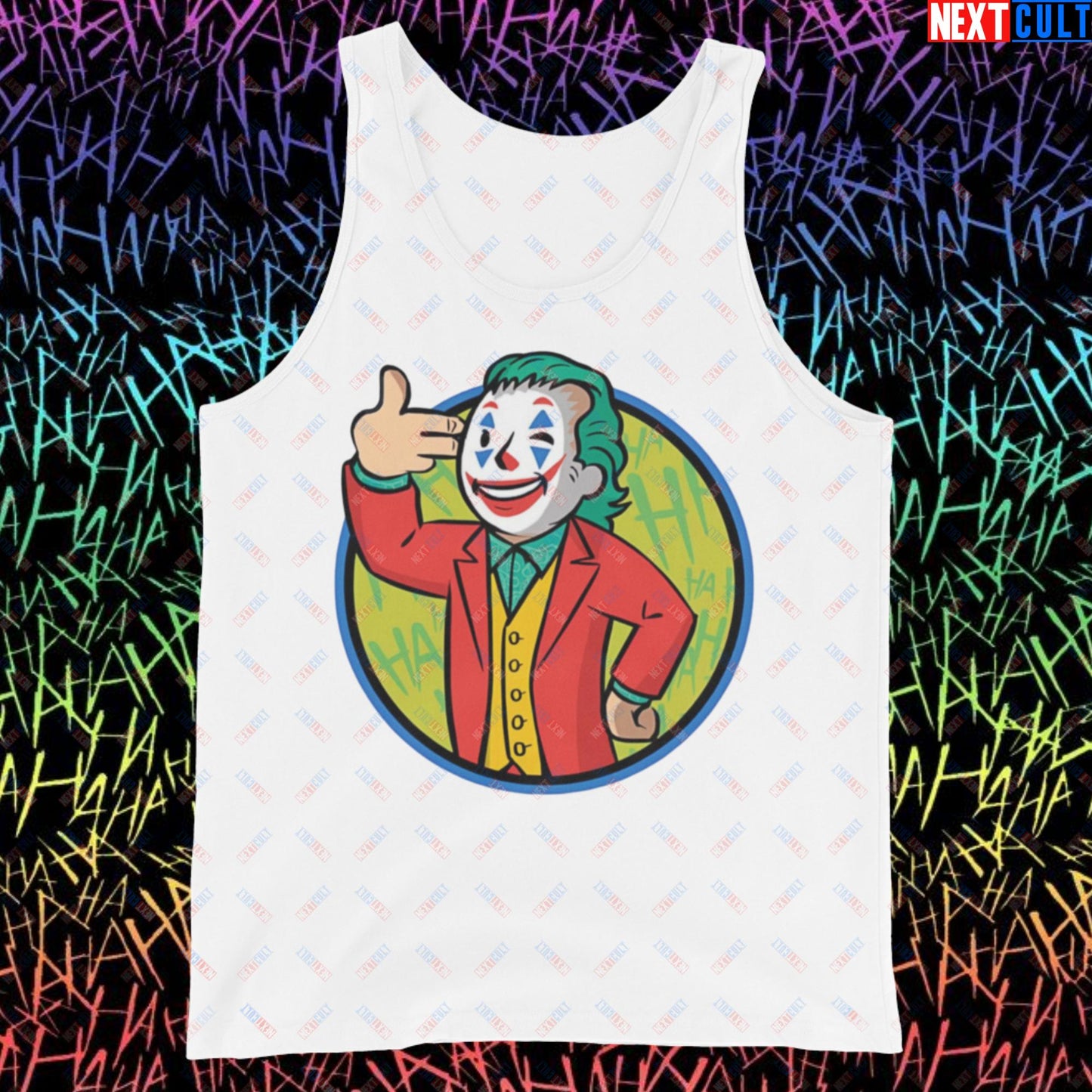 Funny Boy Joker Vault Boy Fallout Funny Cartoon Mashup Tank Top White Tank Tops Joaquin Phoenix Joker Movies Next Cult Brand