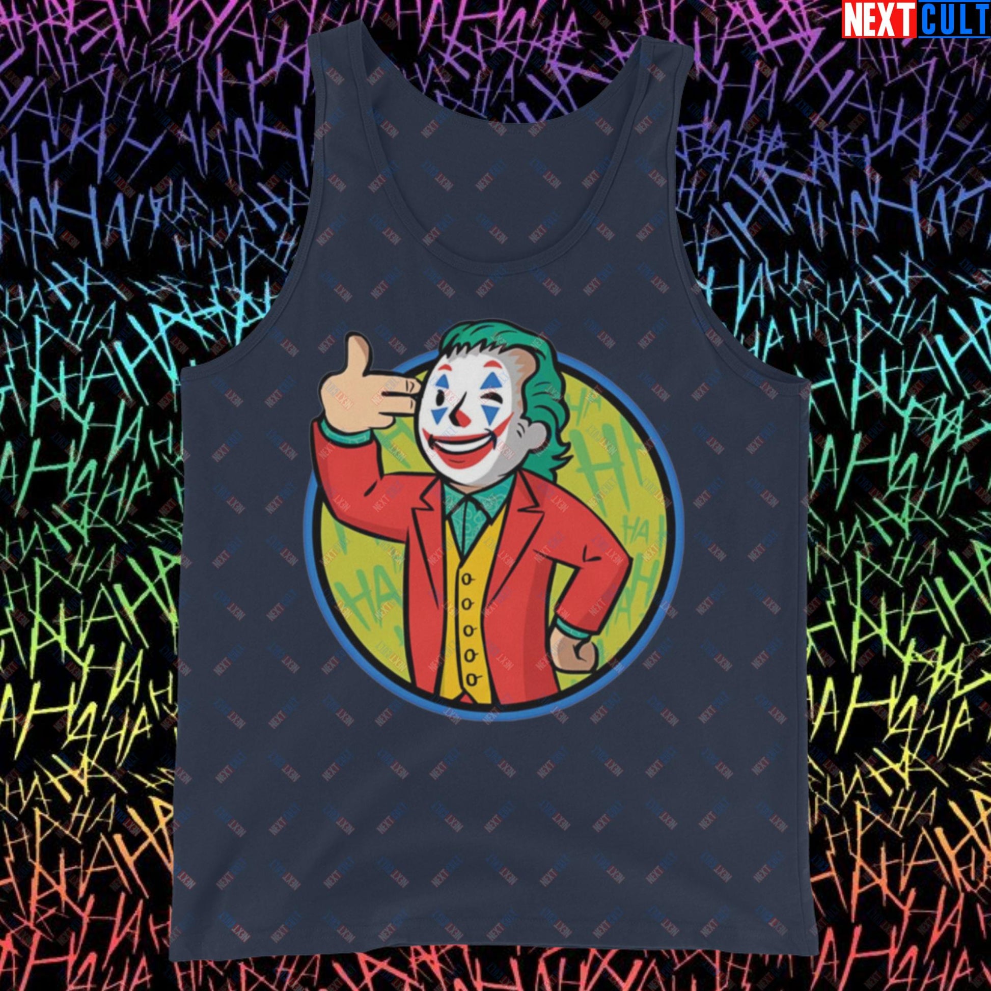 Funny Boy Joker Vault Boy Fallout Funny Cartoon Mashup Tank Top Navy Tank Tops Joaquin Phoenix Joker Movies Next Cult Brand