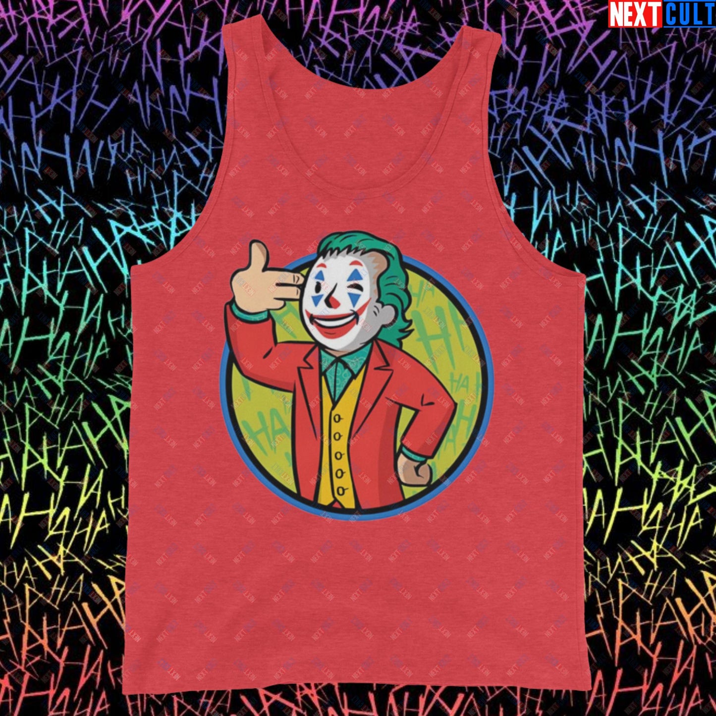 Funny Boy Joker Vault Boy Fallout Funny Cartoon Mashup Tank Top Red Triblend Tank Tops Joaquin Phoenix Joker Movies Next Cult Brand