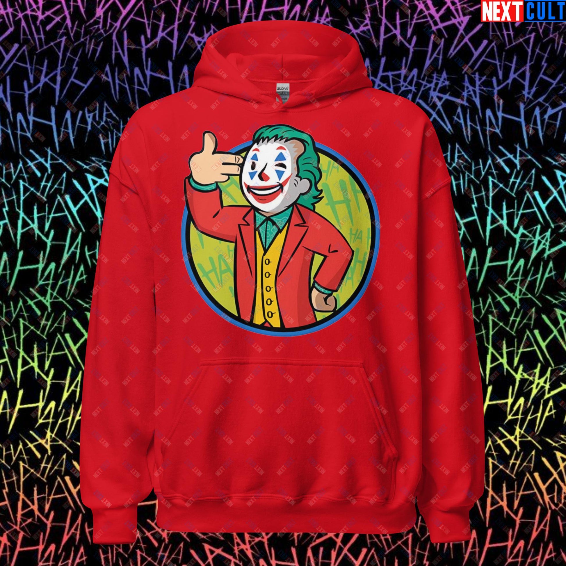 Funny Boy Joker Vault Boy Fallout Funny Cartoon Mashup Unisex Hoodie Red Hoodies Joaquin Phoenix Joker Movies Next Cult Brand