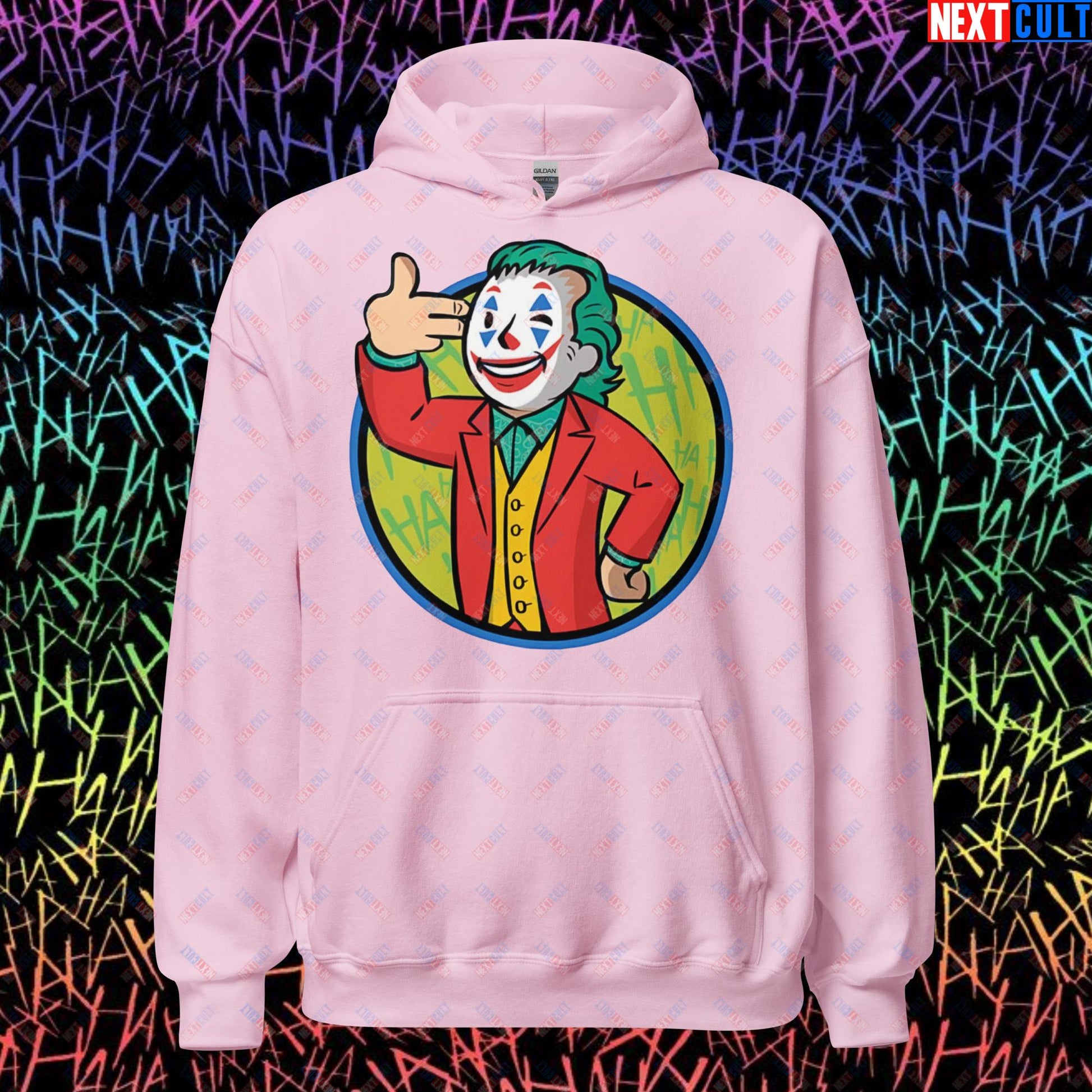 Funny Boy Joker Vault Boy Fallout Funny Cartoon Mashup Unisex Hoodie Light Pink Hoodies Joaquin Phoenix Joker Movies Next Cult Brand