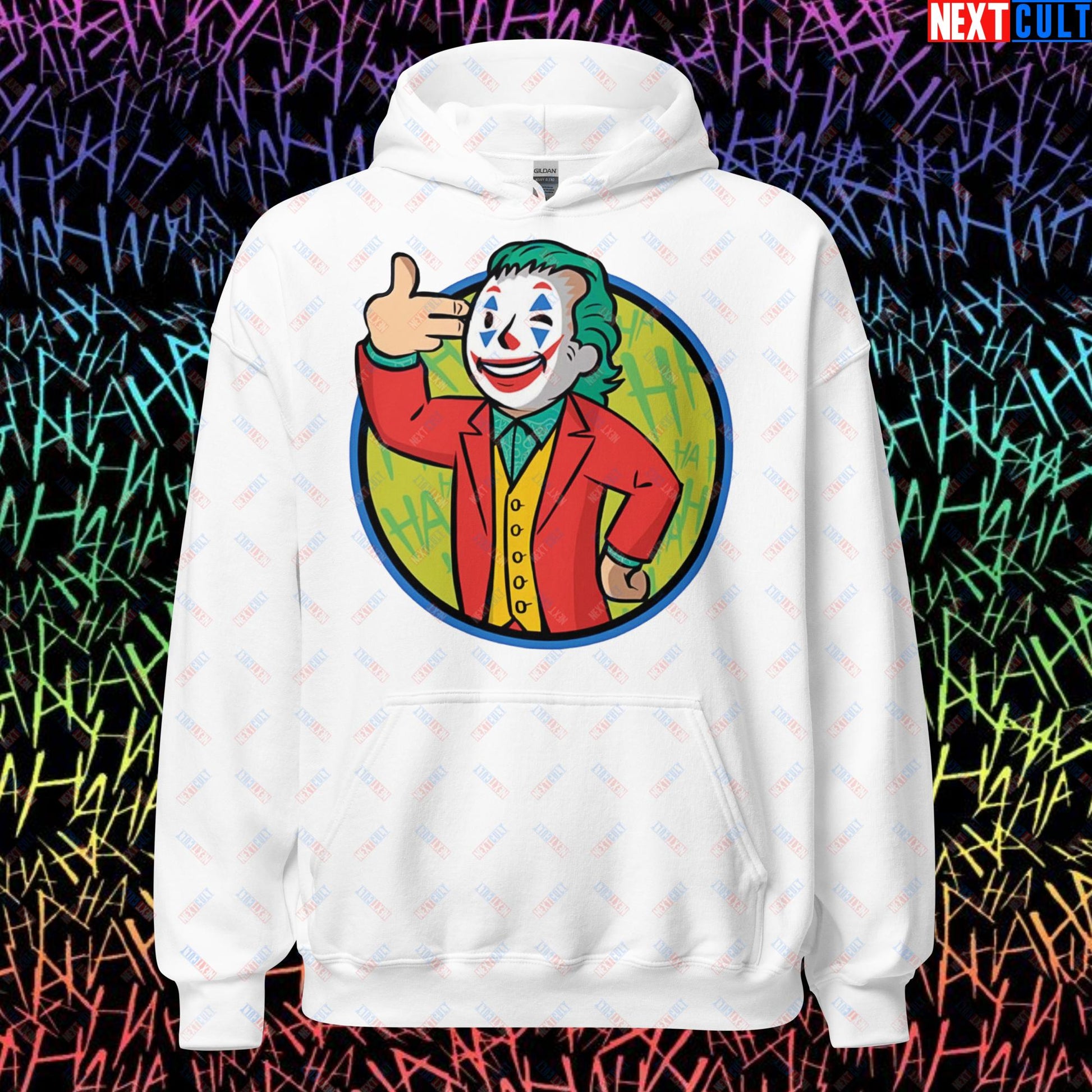 Funny Boy Joker Vault Boy Fallout Funny Cartoon Mashup Unisex Hoodie White Hoodies Joaquin Phoenix Joker Movies Next Cult Brand