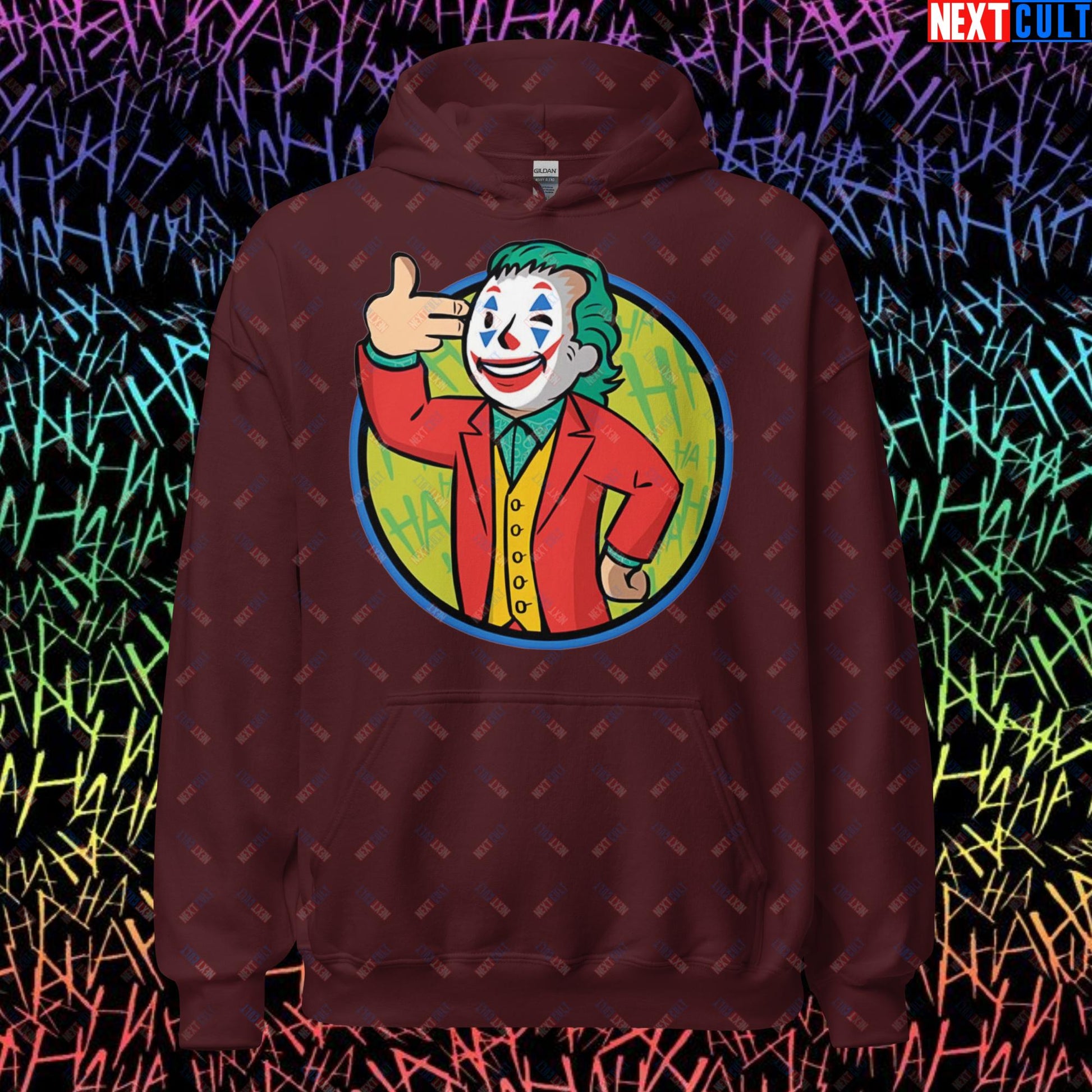 Funny Boy Joker Vault Boy Fallout Funny Cartoon Mashup Unisex Hoodie Maroon Hoodies Joaquin Phoenix Joker Movies Next Cult Brand