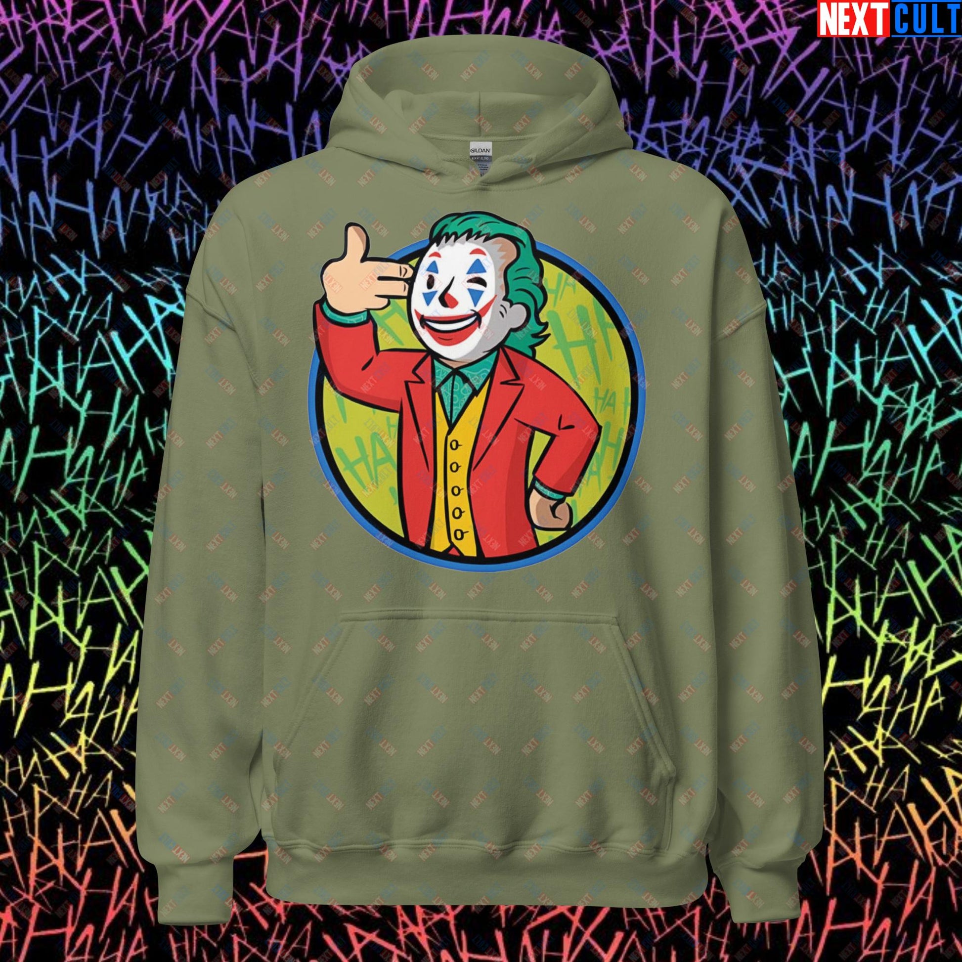 Funny Boy Joker Vault Boy Fallout Funny Cartoon Mashup Unisex Hoodie Military Green Hoodies Joaquin Phoenix Joker Movies Next Cult Brand