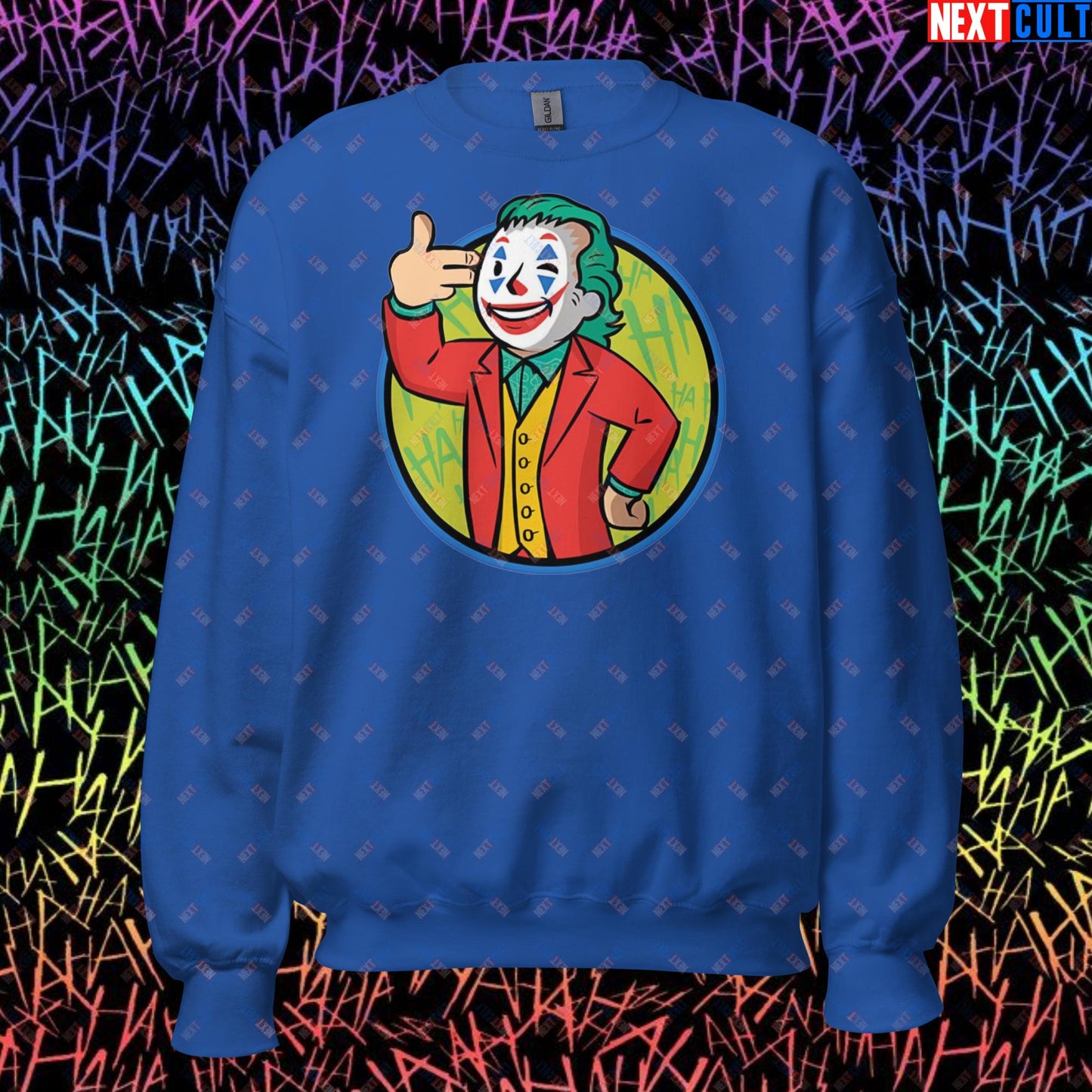 Funny Boy Joker Vault Boy Fallout Funny Cartoon Mashup Unisex Sweatshirt Royal Sweatshirts Joaquin Phoenix Joker Movies Next Cult Brand