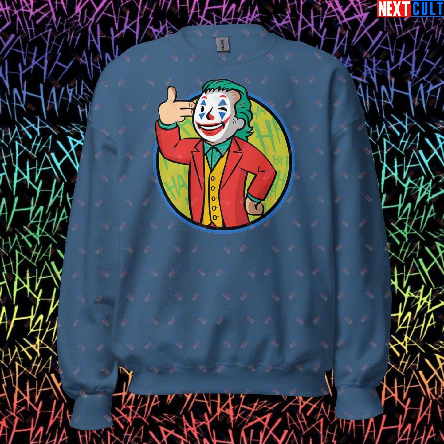 Funny Boy Joker Vault Boy Fallout Funny Cartoon Mashup Unisex Sweatshirt Indigo Blue Sweatshirts Joaquin Phoenix Joker Movies Next Cult Brand