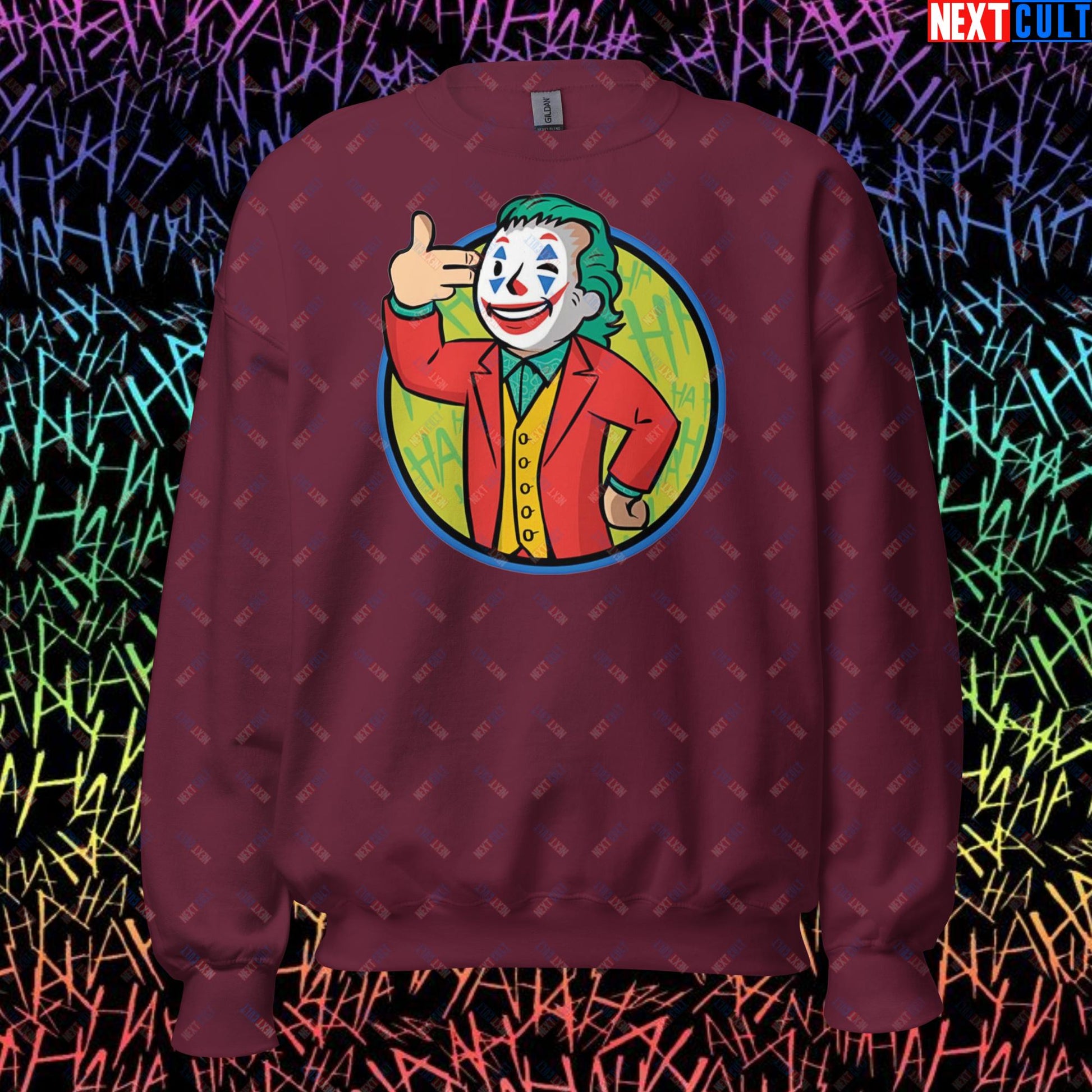 Funny Boy Joker Vault Boy Fallout Funny Cartoon Mashup Unisex Sweatshirt Maroon Sweatshirts Joaquin Phoenix Joker Movies Next Cult Brand