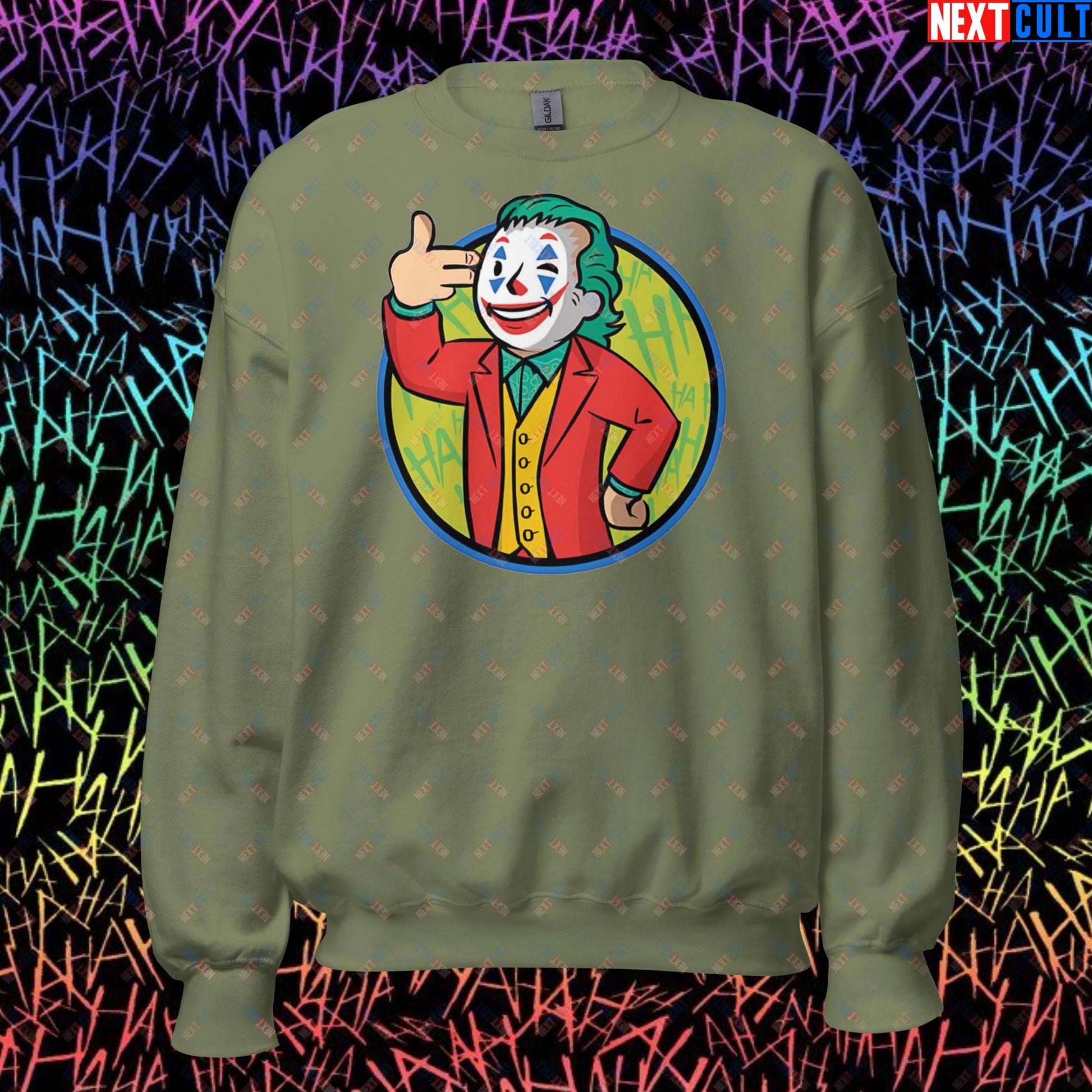 Funny Boy Joker Vault Boy Fallout Funny Cartoon Mashup Unisex Sweatshirt Military Green Sweatshirts Joaquin Phoenix Joker Movies Next Cult Brand