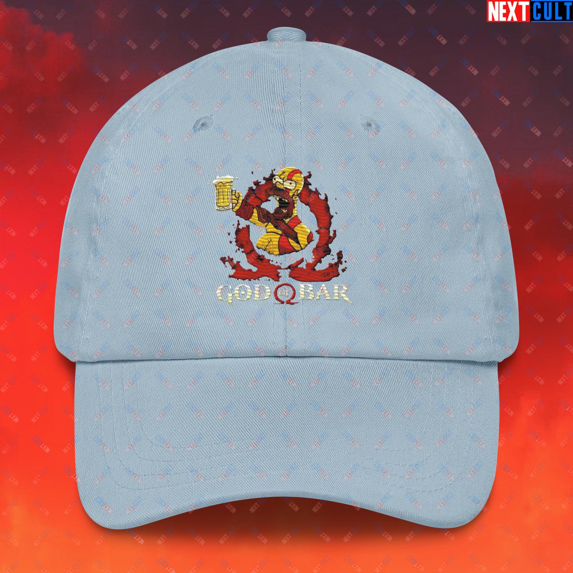 God of Bar Homer Simpson God of War Funny Cartoon Mashup Dad hat Light Blue Hats God of War The Simpsons TV Shows Video Games Next Cult Brand