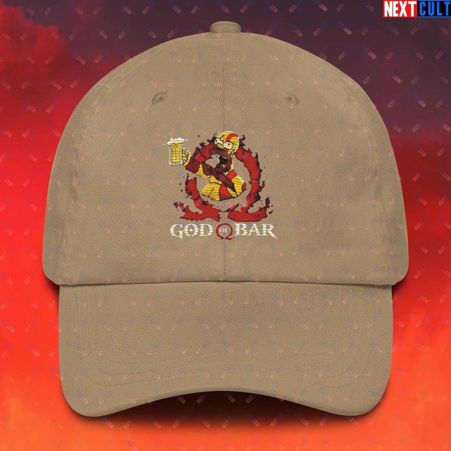 God of Bar Homer Simpson God of War Funny Cartoon Mashup Dad hat Khaki Hats God of War The Simpsons TV Shows Video Games Next Cult Brand