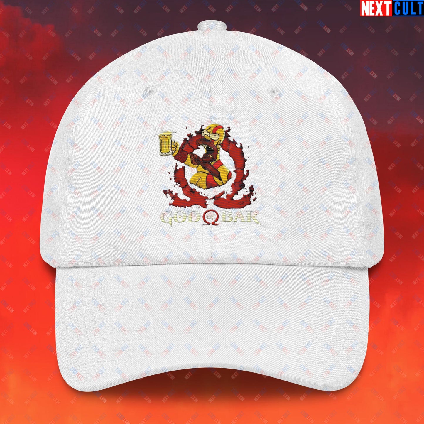 God of Bar Homer Simpson God of War Funny Cartoon Mashup Dad hat White Hats God of War The Simpsons TV Shows Video Games Next Cult Brand