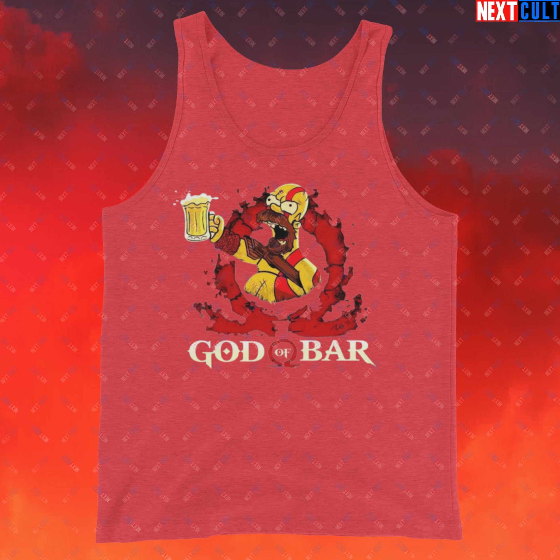 God of Bar Homer Simpson God of War Funny Cartoon Mashup Tank Top Red Triblend Tank Tops God of War The Simpsons TV Shows Video Games Next Cult Brand