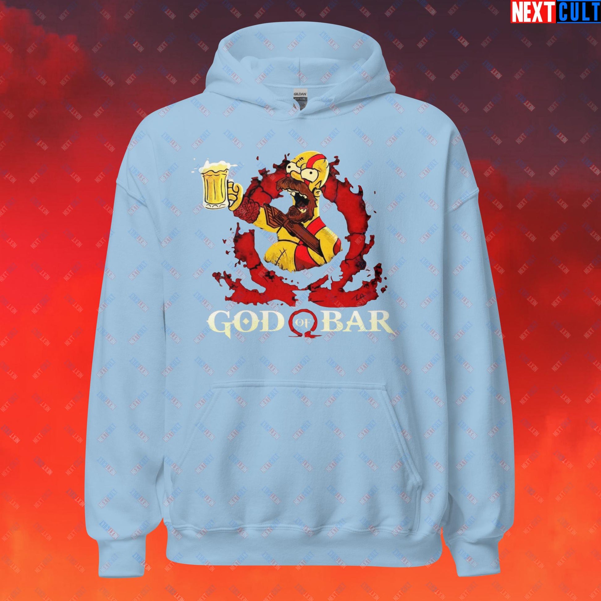 God of Bar Homer Simpson God of War Funny Cartoon Mashup Unisex Hoodie Light Blue Hoodies God of War The Simpsons TV Shows Video Games Next Cult Brand