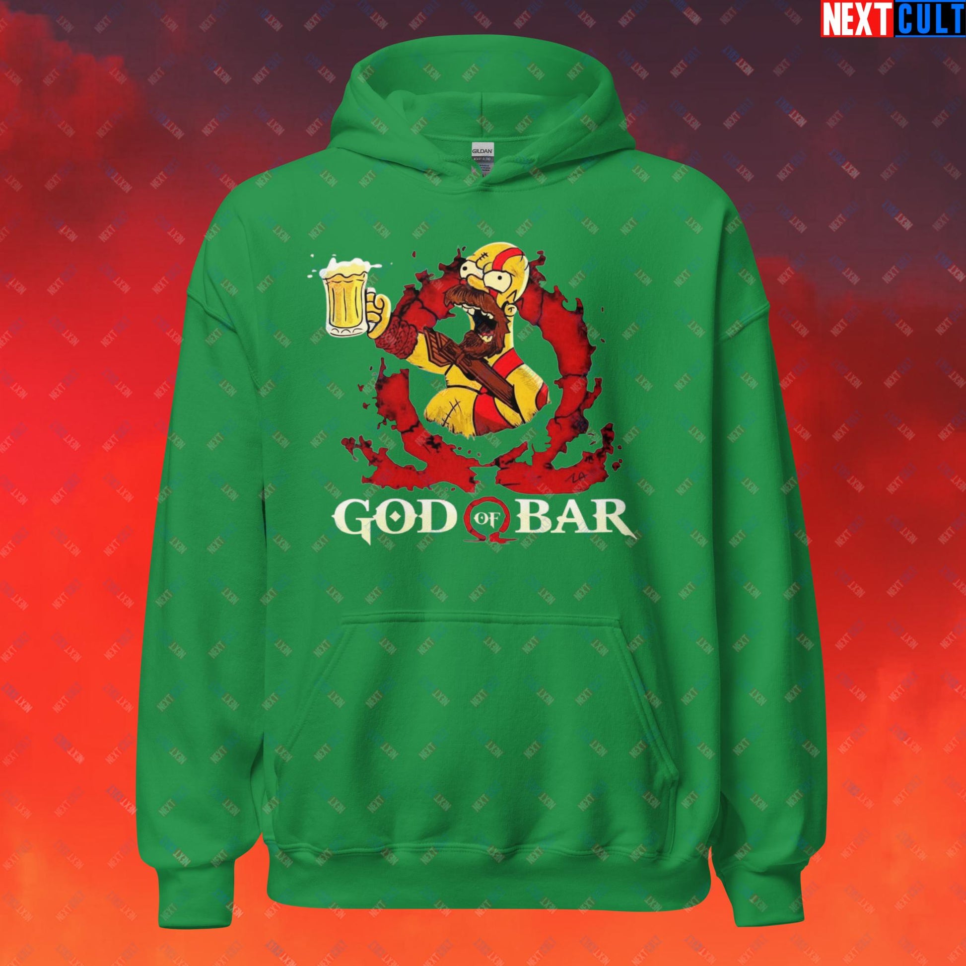 God of Bar Homer Simpson God of War Funny Cartoon Mashup Unisex Hoodie Irish Green Hoodies God of War The Simpsons TV Shows Video Games Next Cult Brand