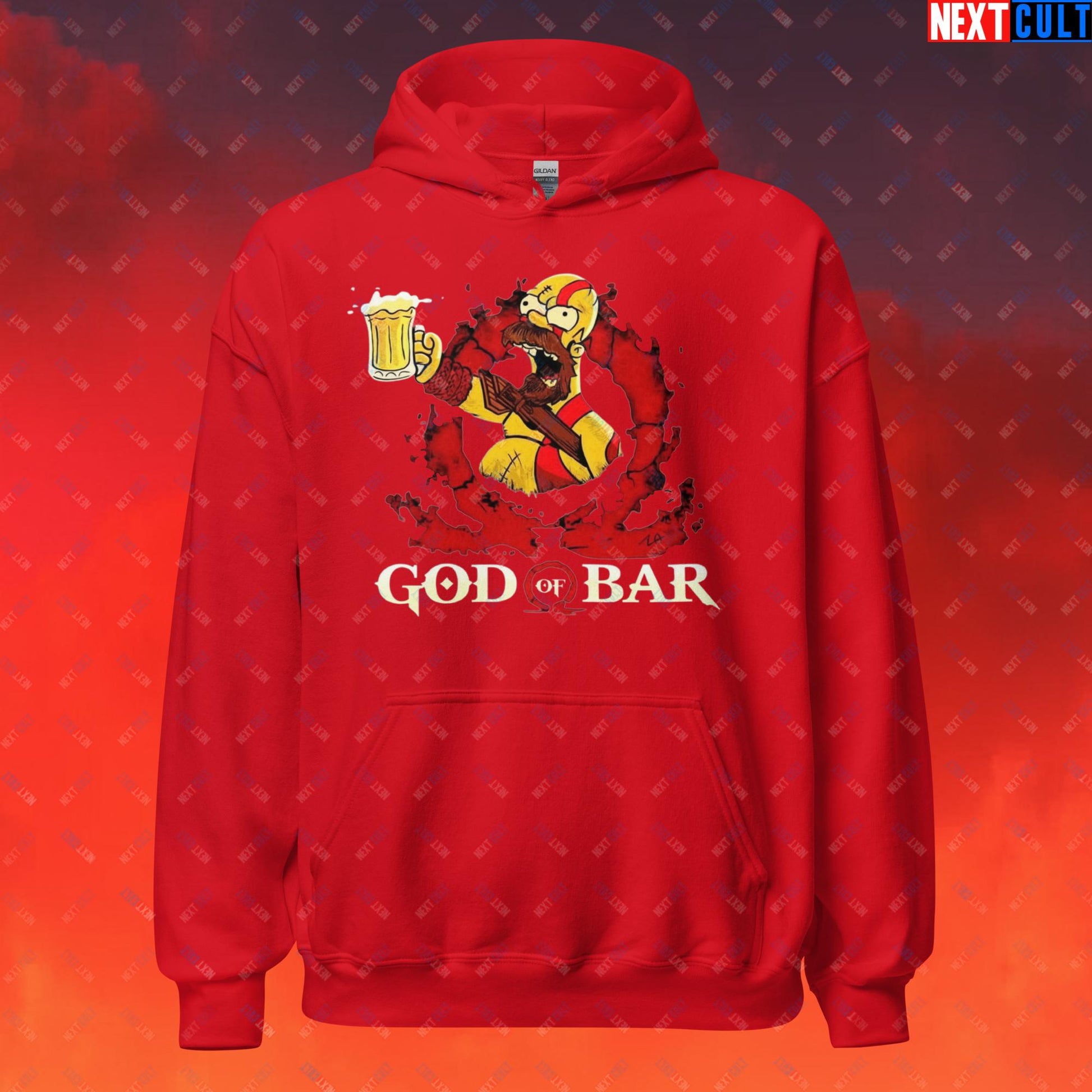 God of Bar Homer Simpson God of War Funny Cartoon Mashup Unisex Hoodie Red Hoodies God of War The Simpsons TV Shows Video Games Next Cult Brand