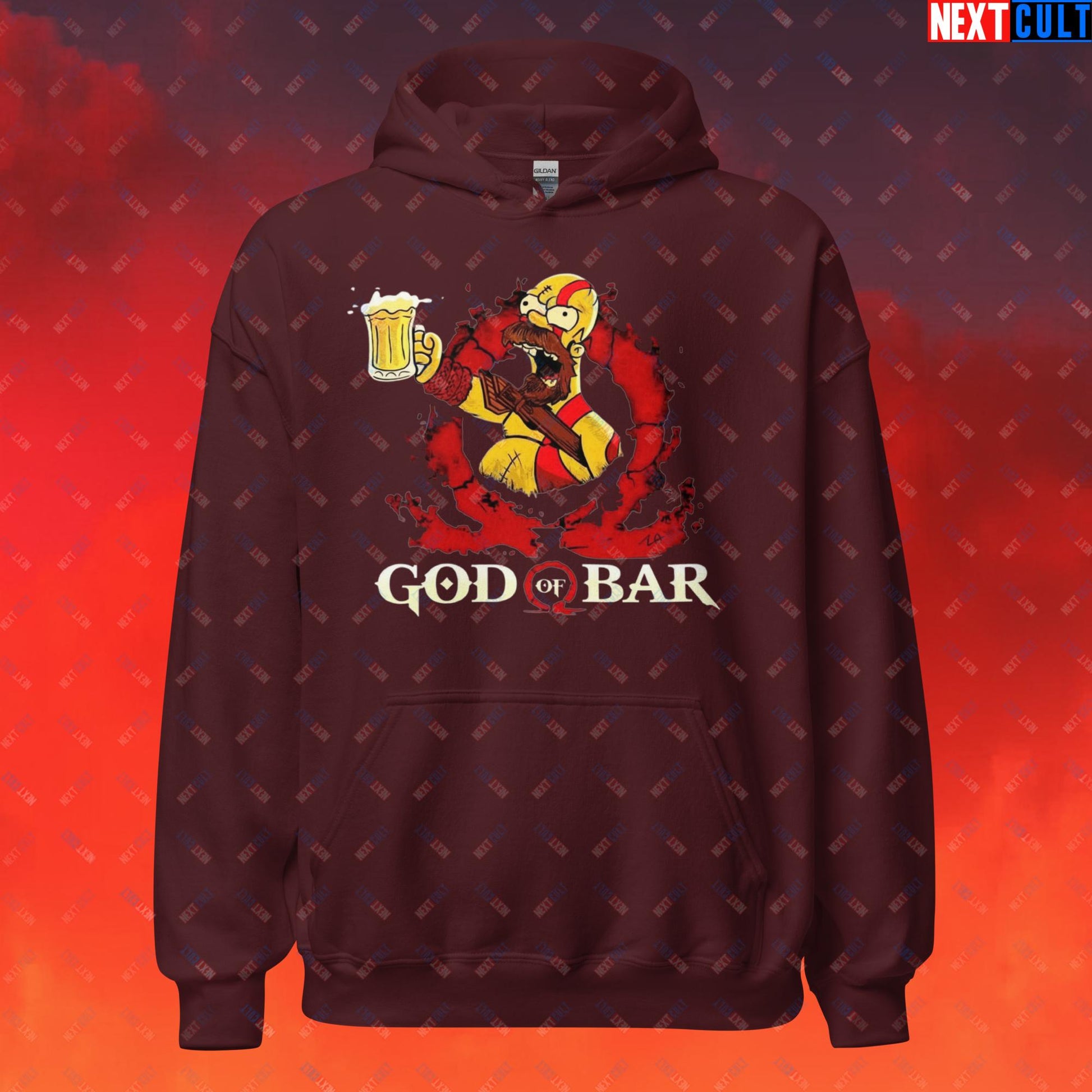 God of Bar Homer Simpson God of War Funny Cartoon Mashup Unisex Hoodie Maroon Hoodies God of War The Simpsons TV Shows Video Games Next Cult Brand