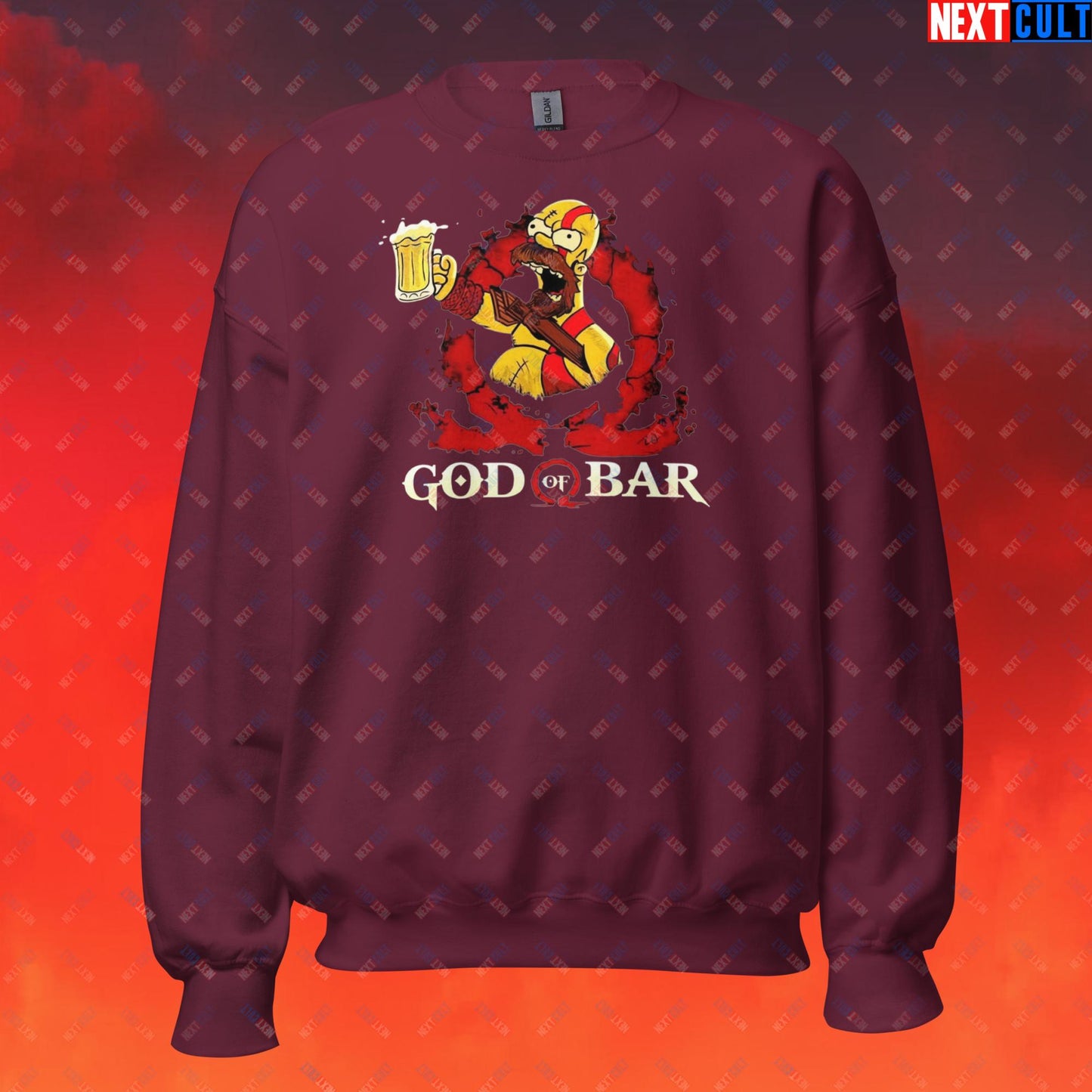 God of Bar Homer Simpson God of War Funny Cartoon Mashup Unisex Sweatshirt Maroon Sweatshirts God of War The Simpsons TV Shows Video Games Next Cult Brand