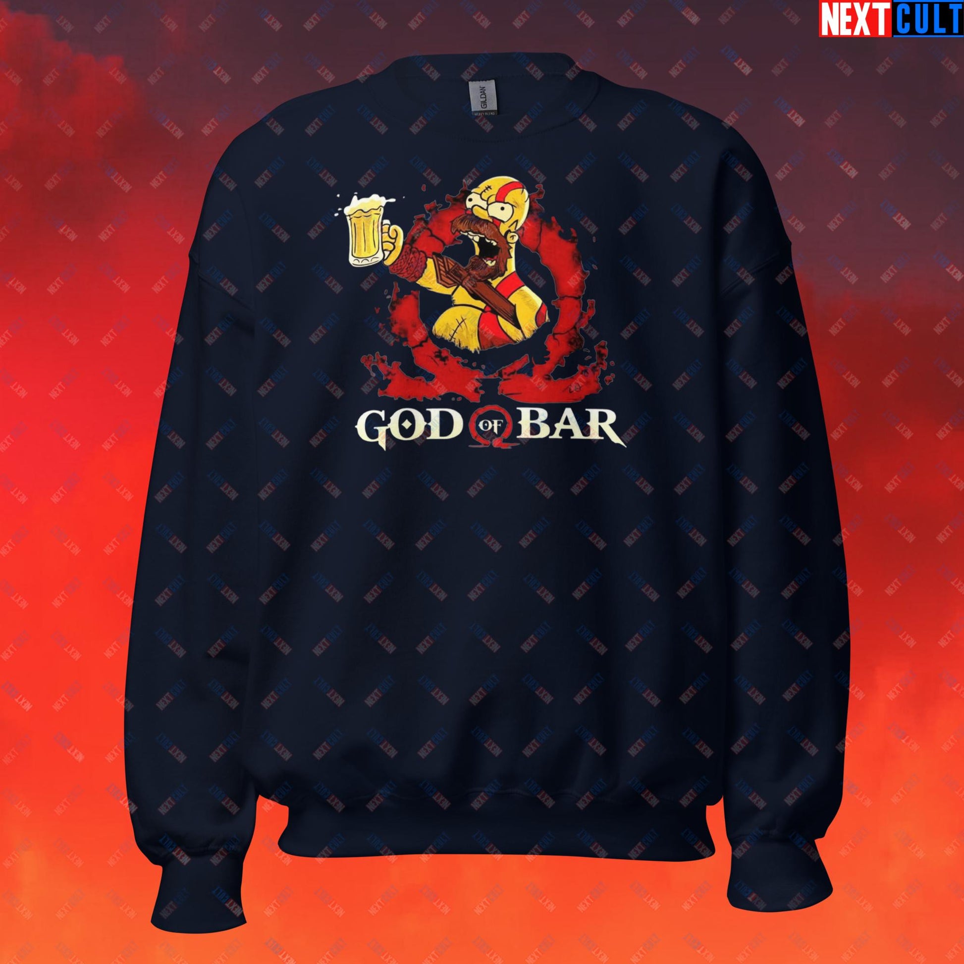 God of Bar Homer Simpson God of War Funny Cartoon Mashup Unisex Sweatshirt Navy Sweatshirts God of War The Simpsons TV Shows Video Games Next Cult Brand