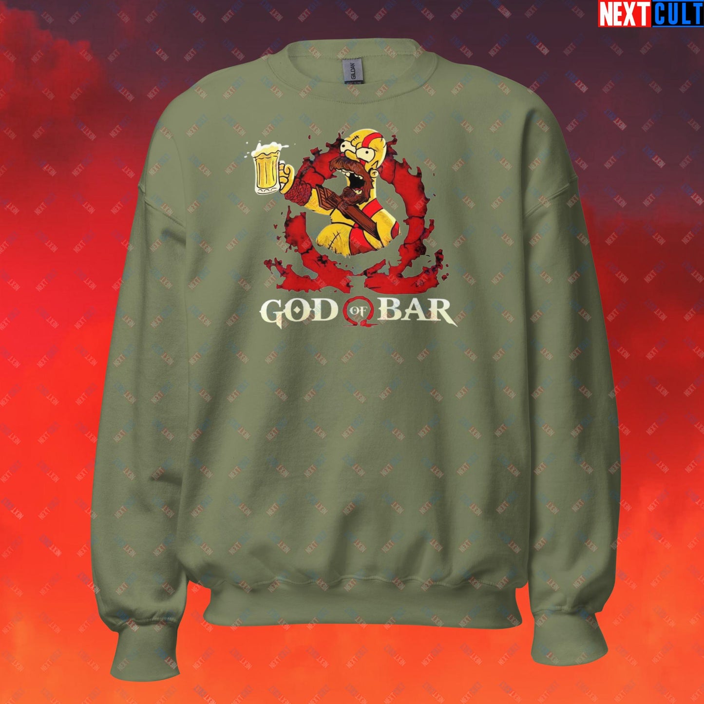 God of Bar Homer Simpson God of War Funny Cartoon Mashup Unisex Sweatshirt Military Green Sweatshirts God of War The Simpsons TV Shows Video Games Next Cult Brand