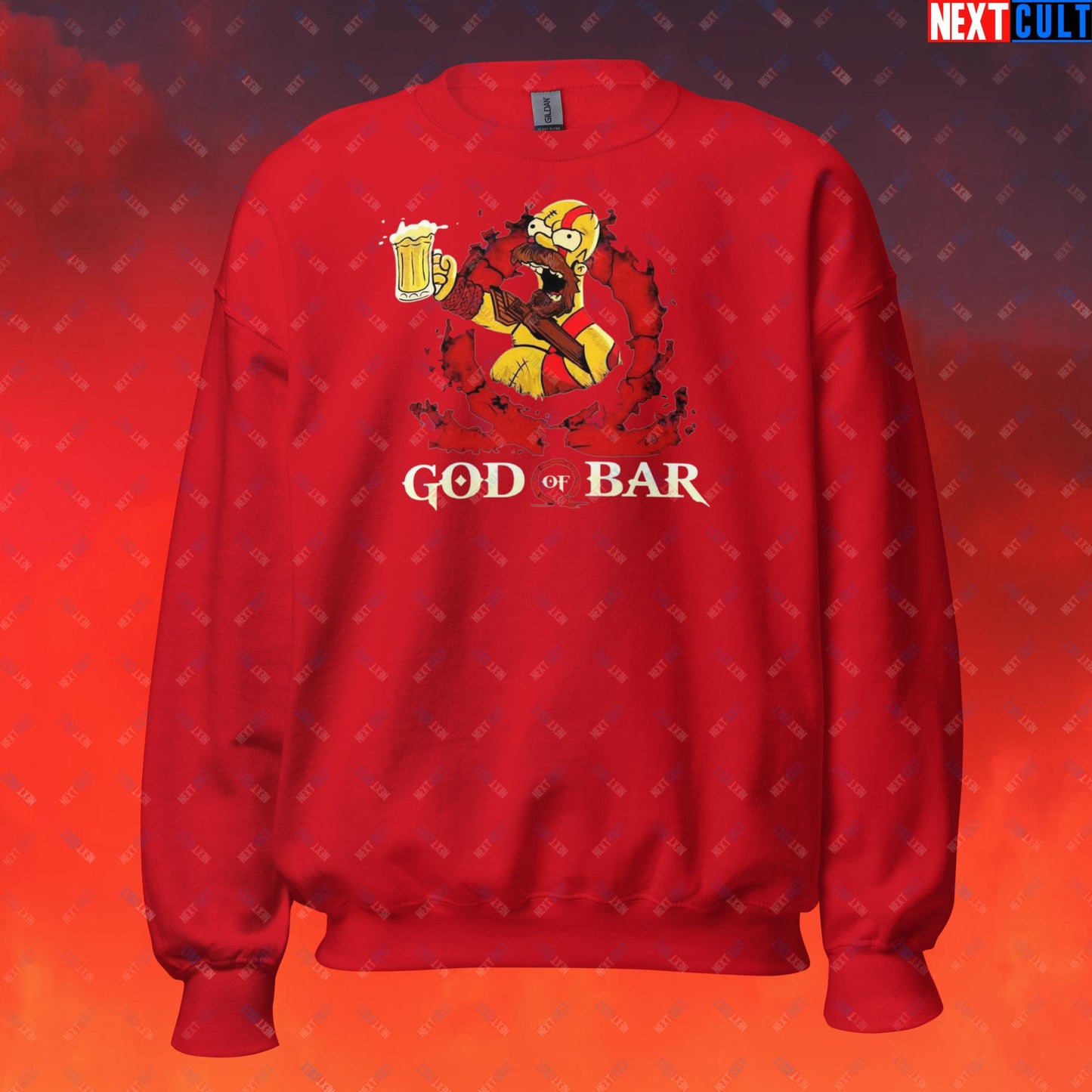 God of Bar Homer Simpson God of War Funny Cartoon Mashup Unisex Sweatshirt Red Sweatshirts God of War The Simpsons TV Shows Video Games Next Cult Brand