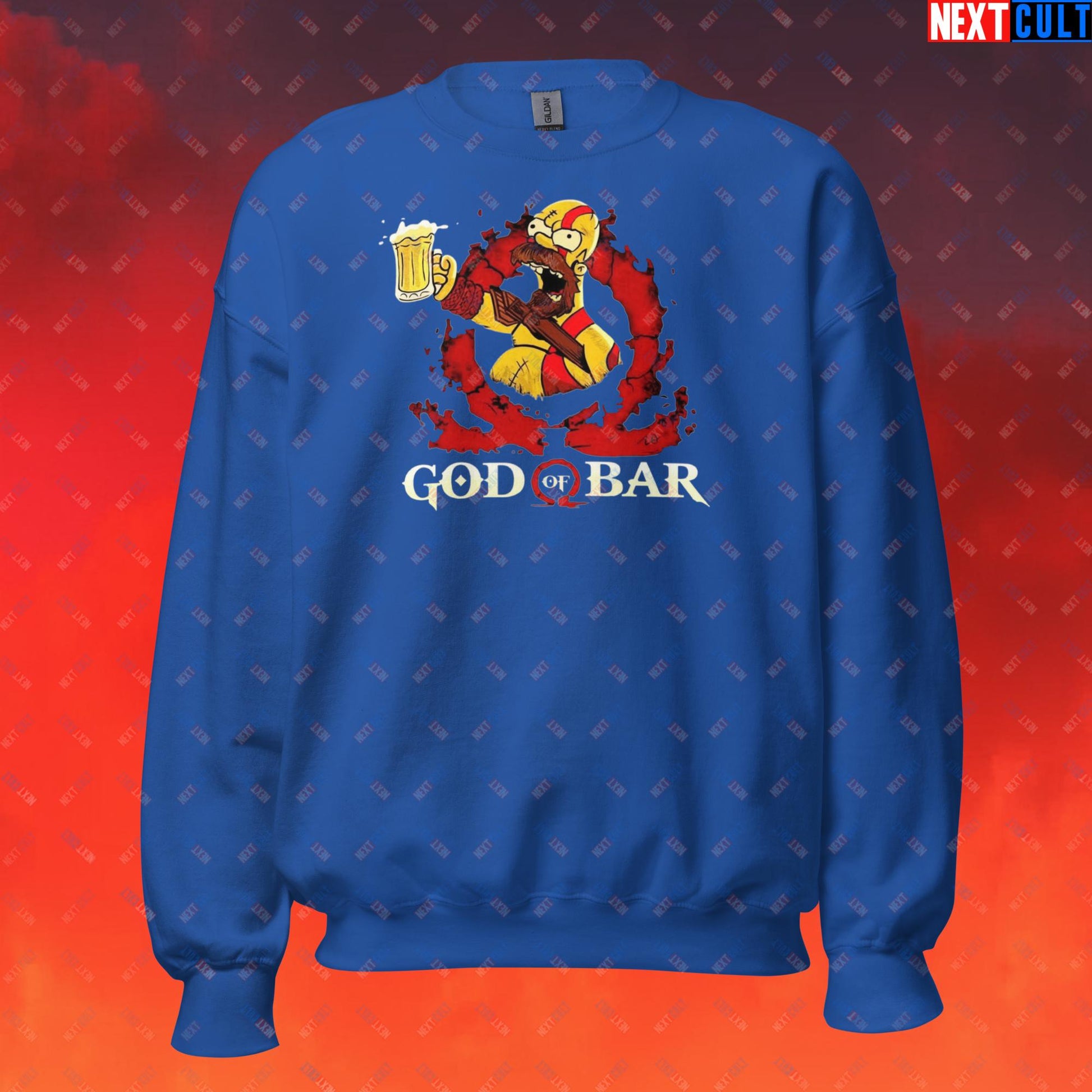 God of Bar Homer Simpson God of War Funny Cartoon Mashup Unisex Sweatshirt Royal Sweatshirts God of War The Simpsons TV Shows Video Games Next Cult Brand