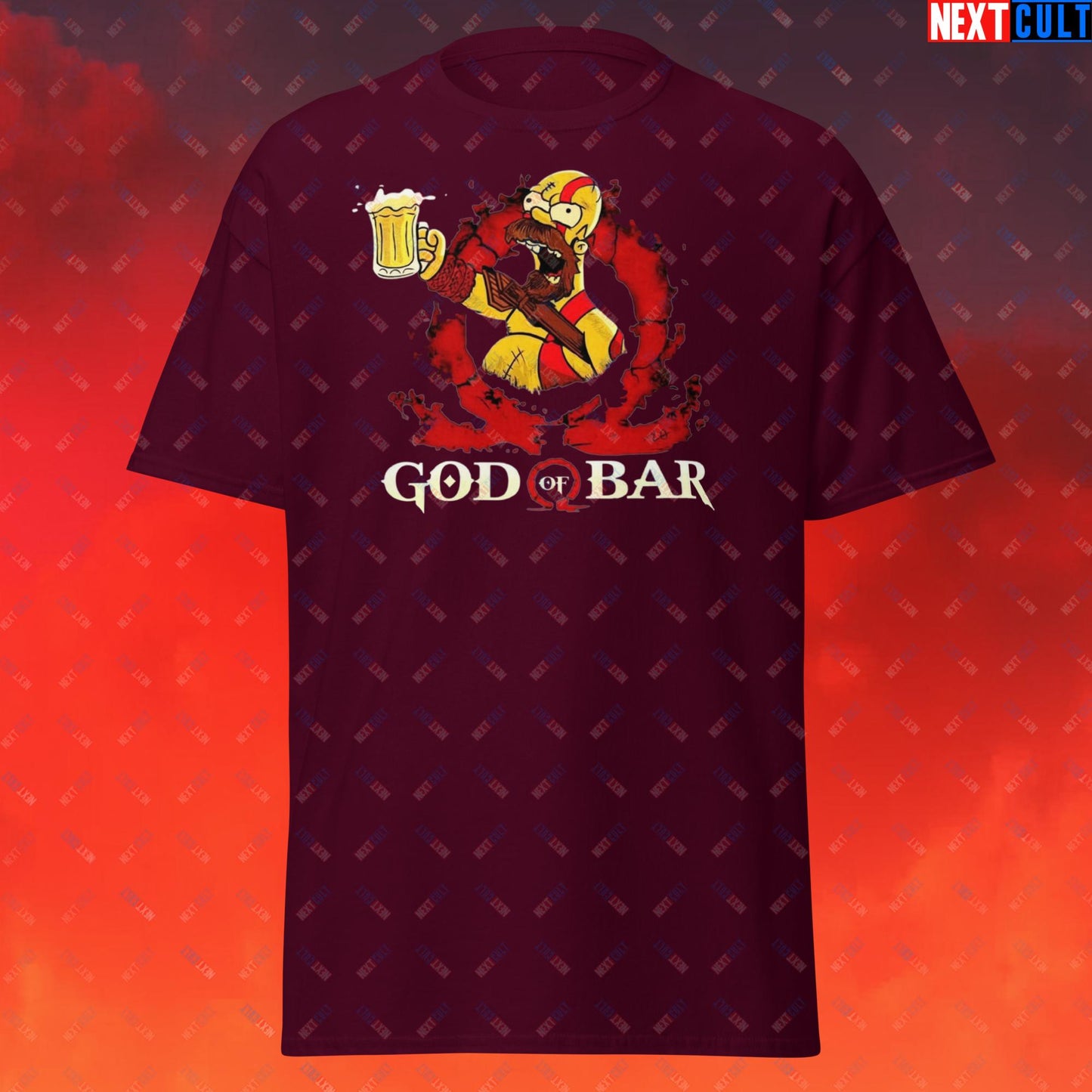 God of Bar Homer Simpson God of War Funny Cartoon Mashup Unisex classic tee Maroon T-shirts God of War The Simpsons TV Shows Video Games Next Cult Brand