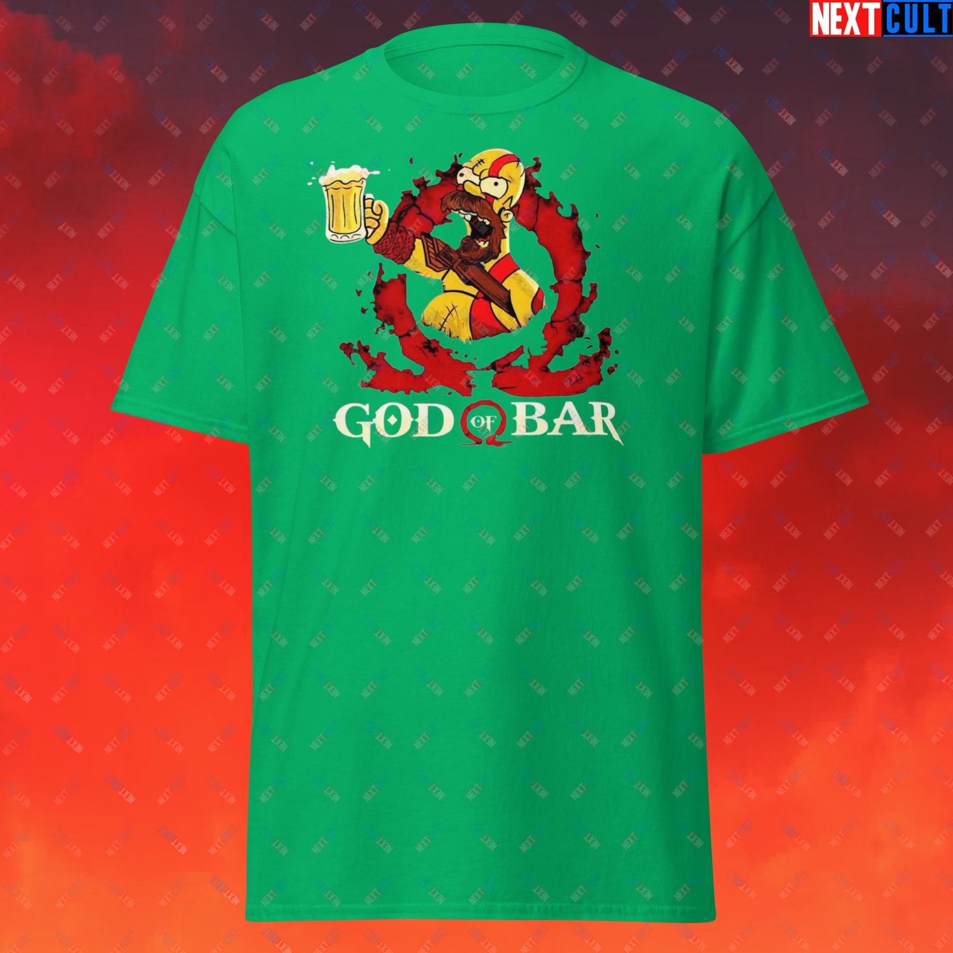 God of Bar Homer Simpson God of War Funny Cartoon Mashup Unisex classic tee Irish Green T-shirts God of War The Simpsons TV Shows Video Games Next Cult Brand