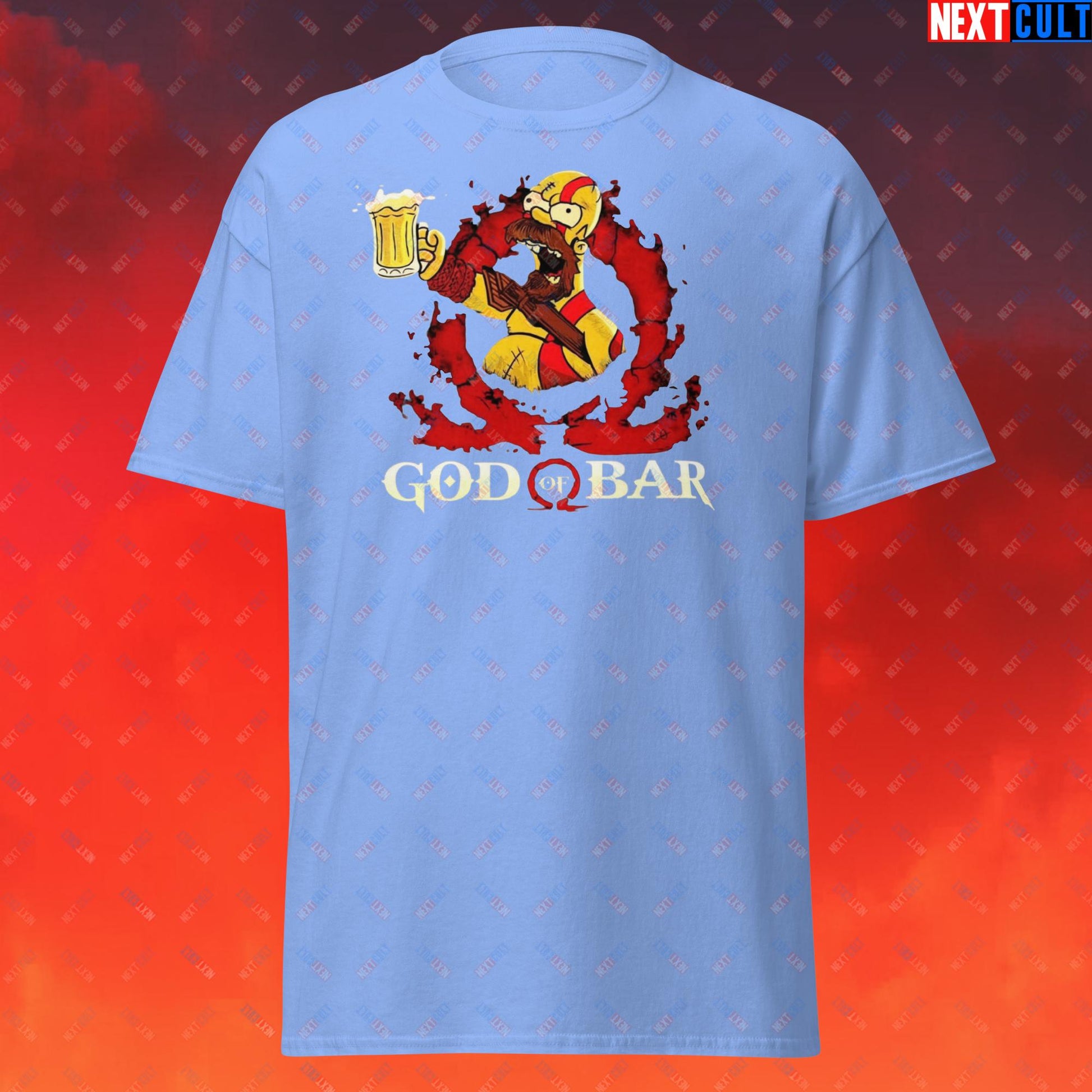 God of Bar Homer Simpson God of War Funny Cartoon Mashup Unisex classic tee Carolina Blue T-shirts God of War The Simpsons TV Shows Video Games Next Cult Brand