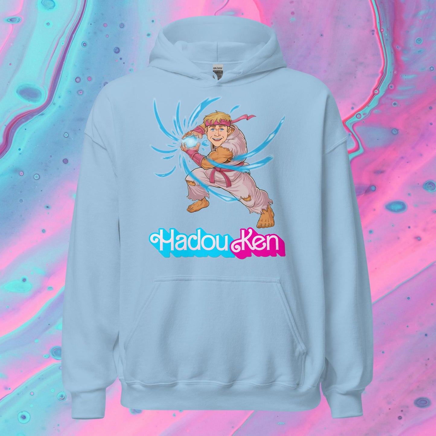 Hadouken Ken Barbie Ryan Gosling Street Fighter Funny Unisex Hoodie Light Blue Hoodies Barbie Ken Movies Ryan Gosling Street Fighter Video Games Next Cult Brand