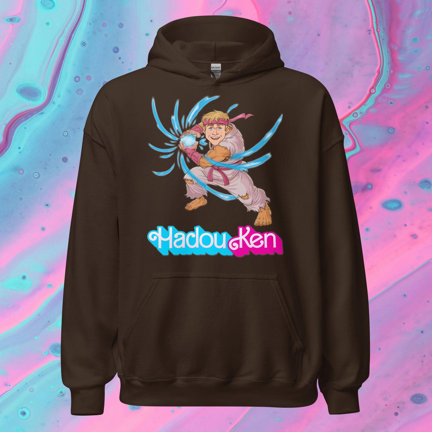 Hadouken Ken Barbie Ryan Gosling Street Fighter Funny Unisex Hoodie Dark Chocolate Hoodies Barbie Ken Movies Ryan Gosling Street Fighter Video Games Next Cult Brand