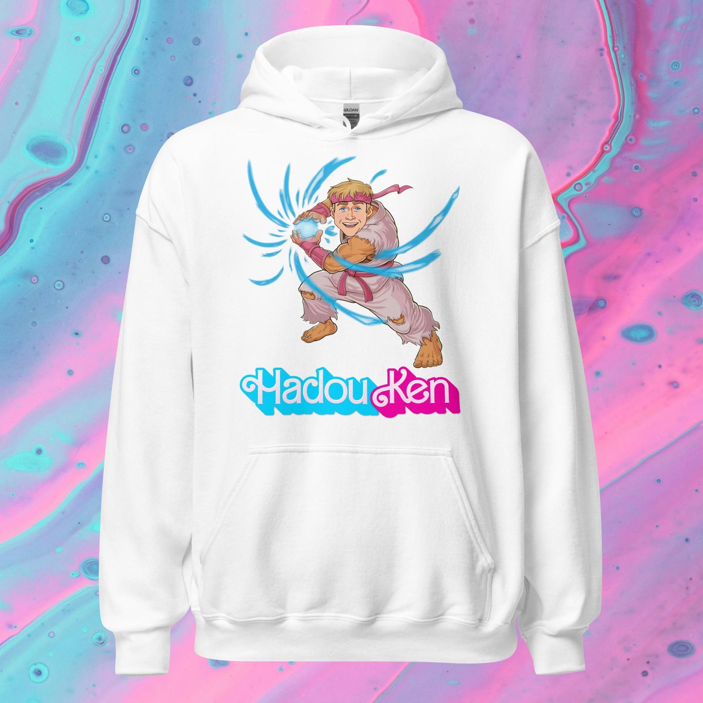 Hadouken Ken Barbie Ryan Gosling Street Fighter Funny Unisex Hoodie White Hoodies Barbie Ken Movies Ryan Gosling Street Fighter Video Games Next Cult Brand