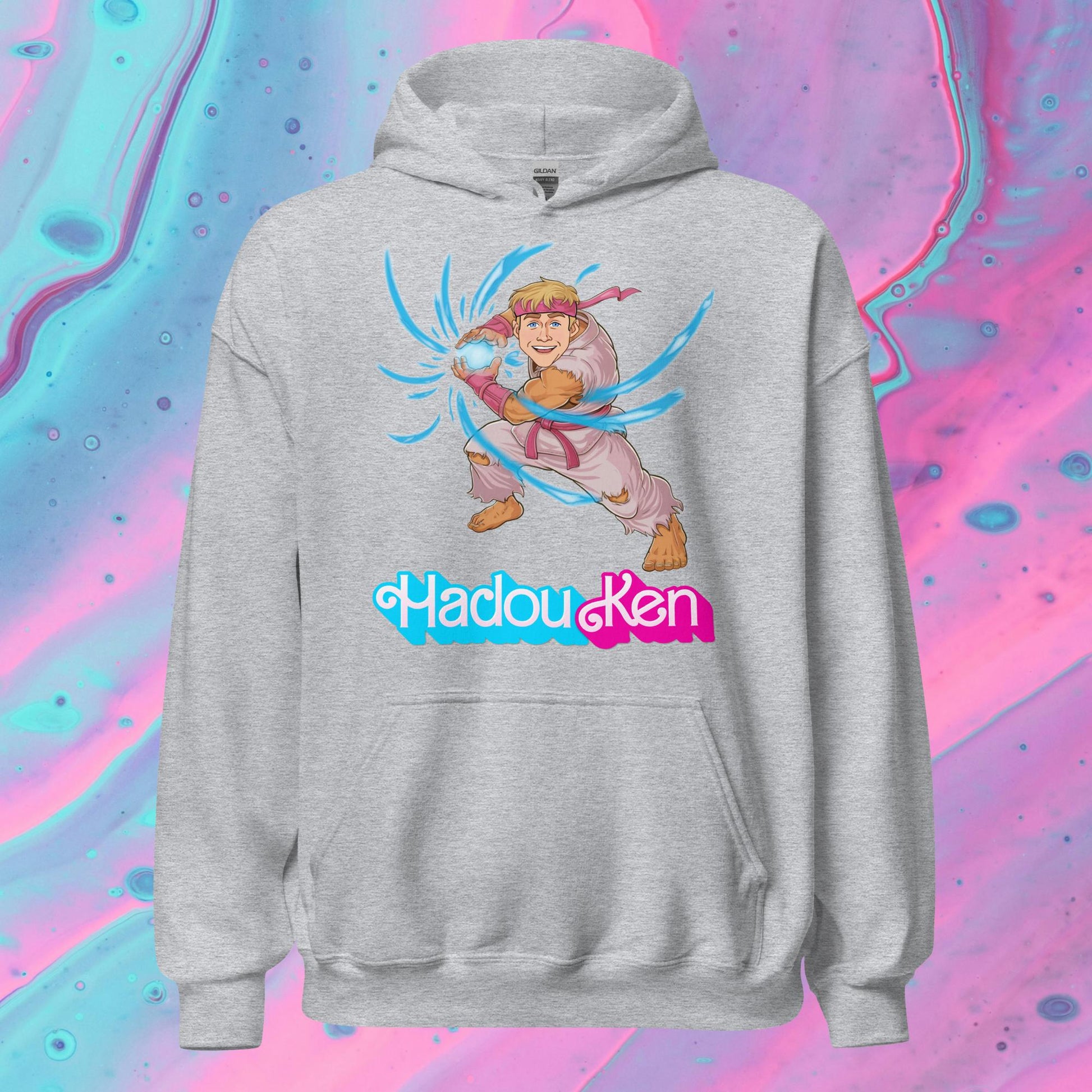 Hadouken Ken Barbie Ryan Gosling Street Fighter Funny Unisex Hoodie Sport Grey Hoodies Barbie Ken Movies Ryan Gosling Street Fighter Video Games Next Cult Brand