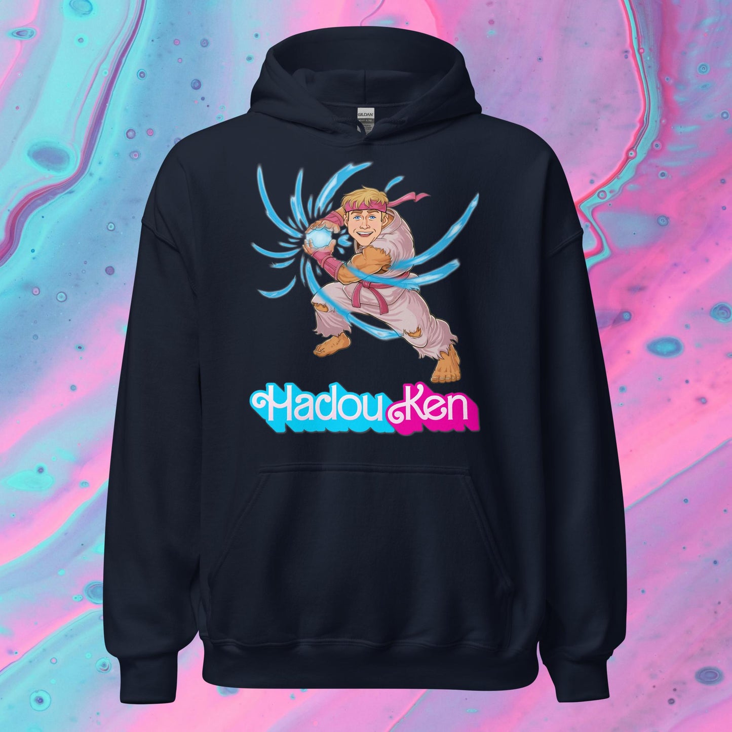 Hadouken Ken Barbie Ryan Gosling Street Fighter Funny Unisex Hoodie Navy Hoodies Barbie Ken Movies Ryan Gosling Street Fighter Video Games Next Cult Brand