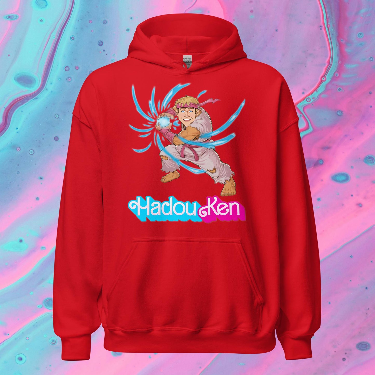 Hadouken Ken Barbie Ryan Gosling Street Fighter Funny Unisex Hoodie Red Hoodies Barbie Ken Movies Ryan Gosling Street Fighter Video Games Next Cult Brand